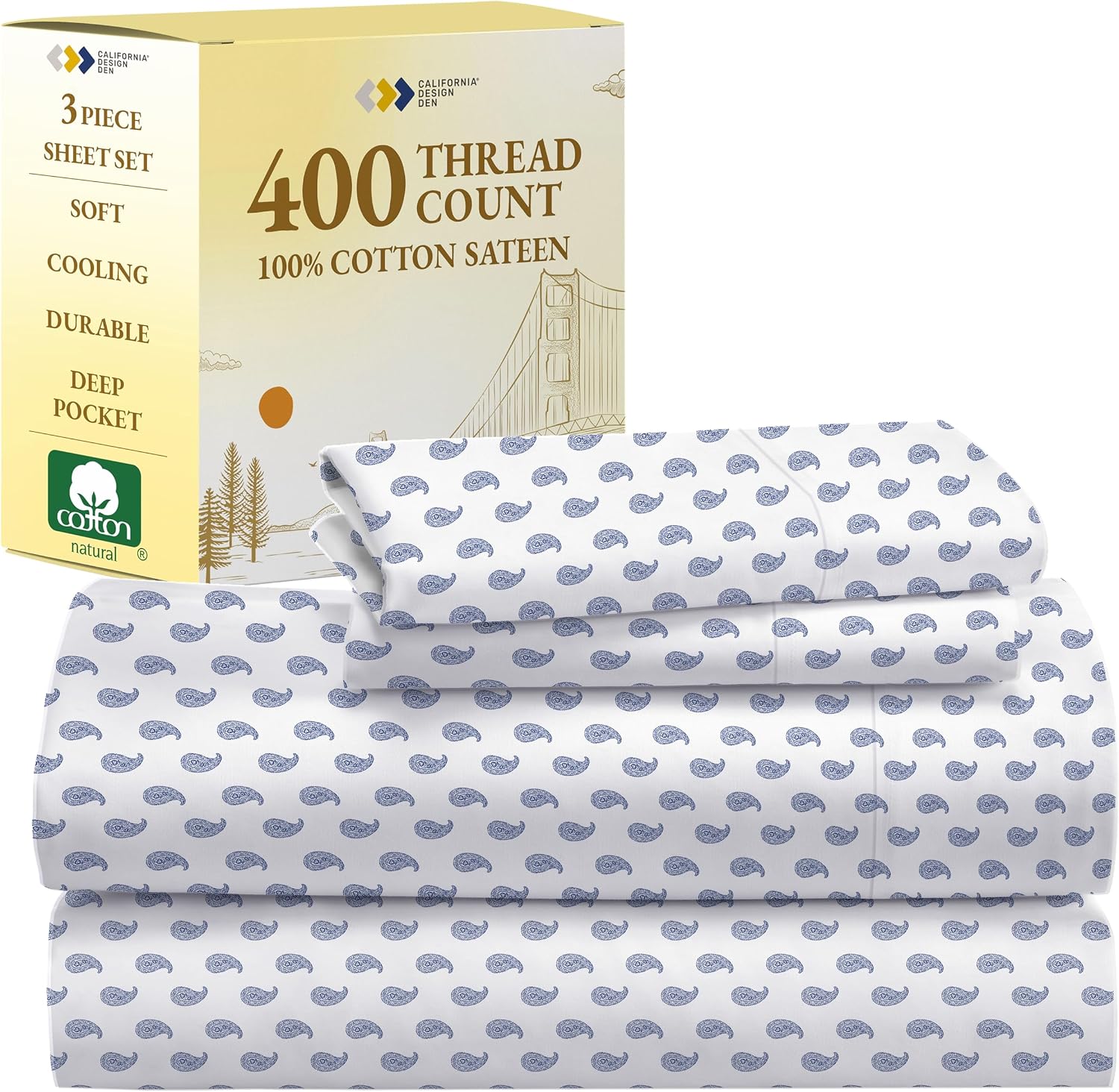 CaliforniaDesignDen California Design Den Deep Pocket Twin Sheets Set - 400 Thread Count Sateen, Natural 100% Cotton Sheets, and Durable Be…
