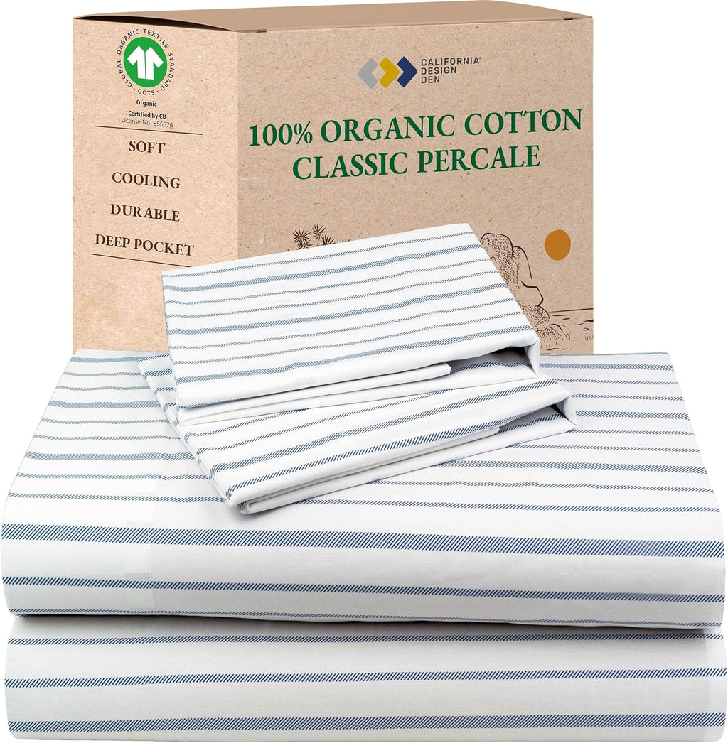 CaliforniaDesignDen California Design Den Full Sheet Set Stripe, 100% Organic Cotton Percale Sheets, Deep Pocket Full Sheets & Pillowcase S…