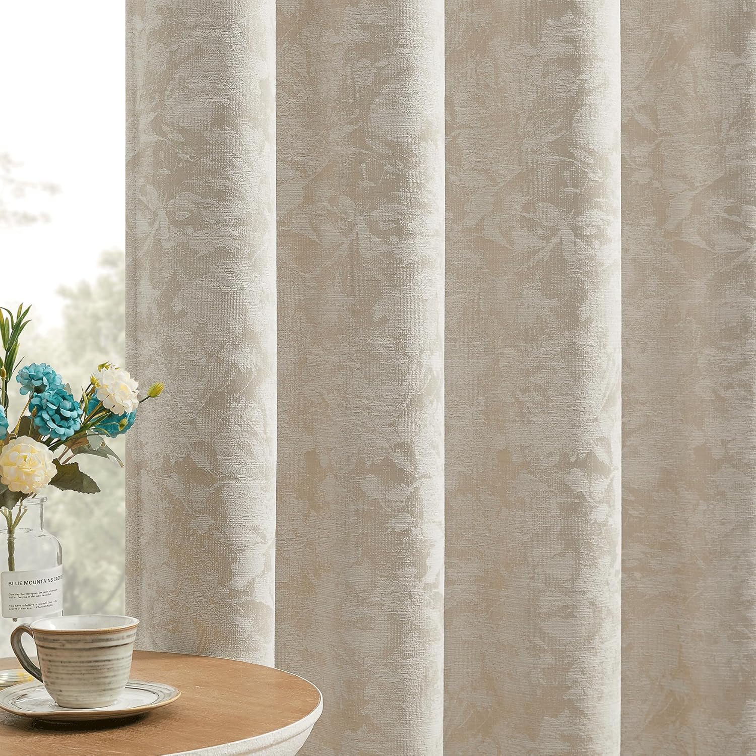 Beauoop Beige Floral Jacquard Blackout Curtains 96 Inches Long 2 Panels for Bedroom Living Room Taupe Flower Chenille Room Darkening…