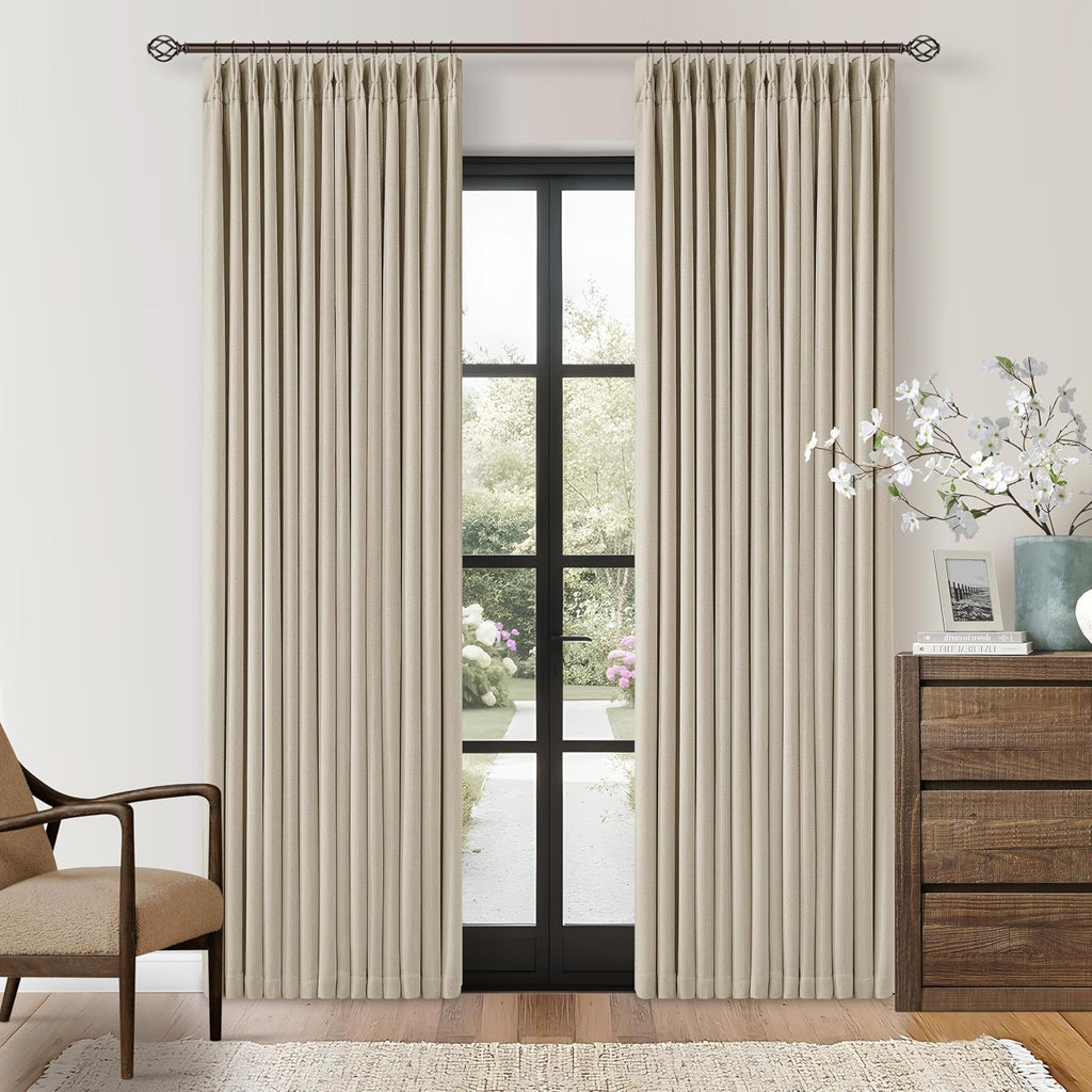 Twodrapes Neutral Beige Linen Pinch Pleated Blackout Curtains 84 Inches Long for Bedroom Living Room Darkening 100% Black Out Pinch Pleat D…
