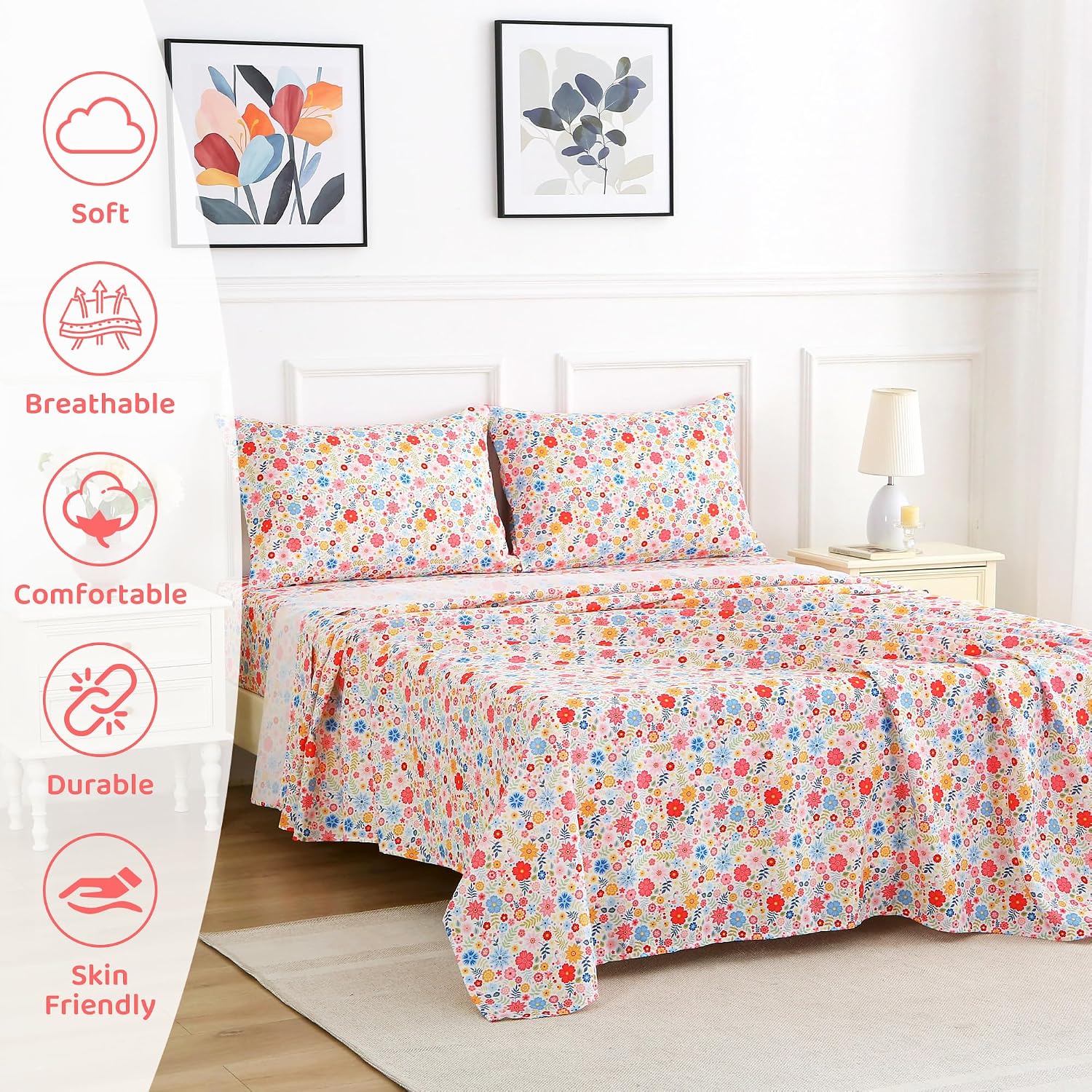mooreeke Cozy Floral Microfiber Printed Floral Queen Sheet Set - Soft & Breathable Colorful Flower Custers Bed Sheets with Extra Deep Pocke…