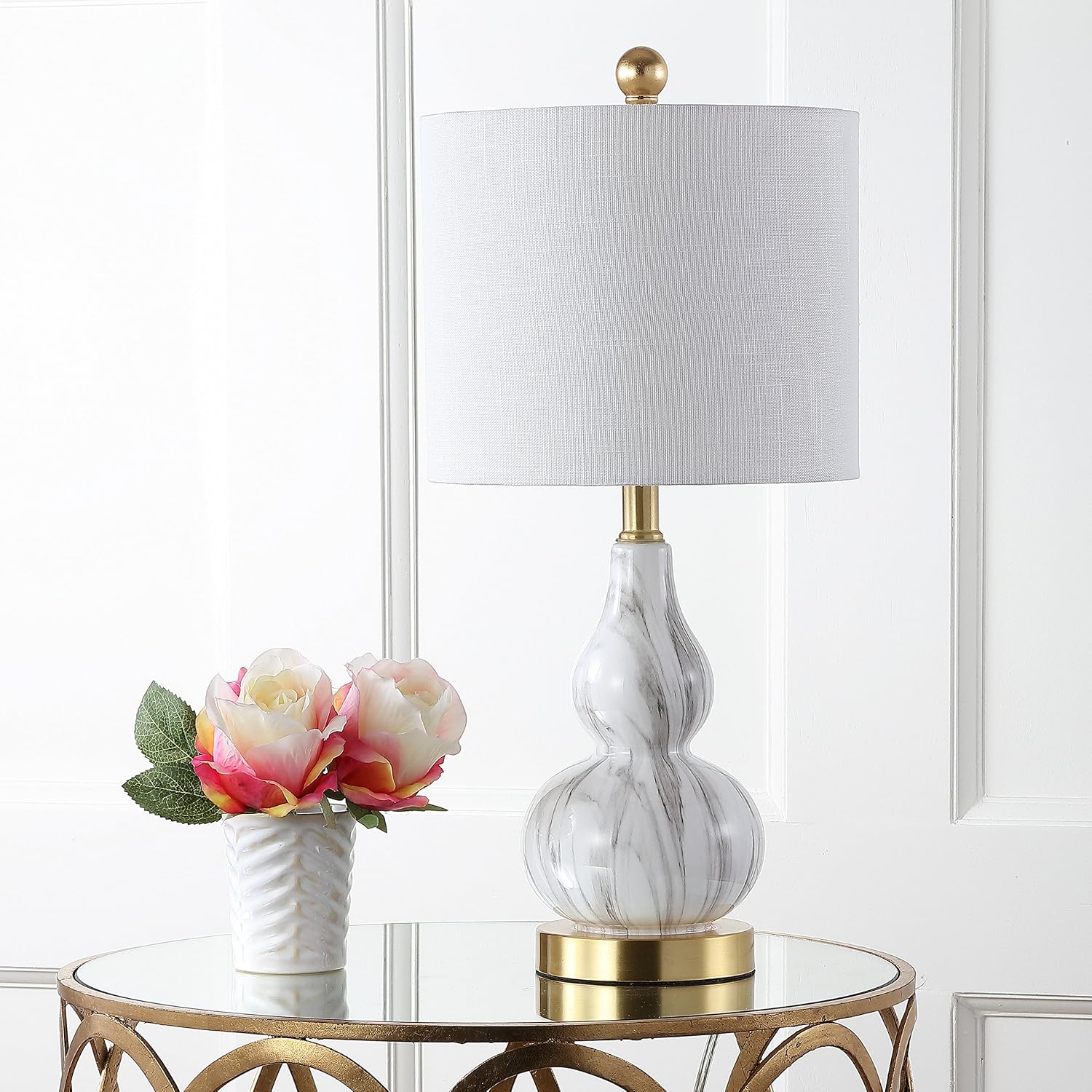 JONATHAN Y 20.5" Black/White Glass Table Lamp, Modern Gourd Bedside Nightstand Lamp for Bedroom, Living Room, White Linen Shade, LED Bulb…