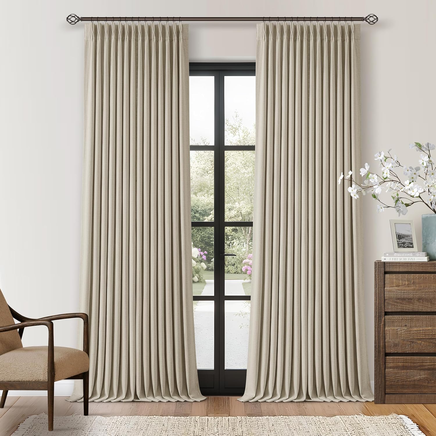 Twodrapes Linen Pinch Pleated Blackout Curtains 96 Inches Long 2 Panels Set for Dining Living Room Darkening Neutral Memory Shape Pinch Ple…