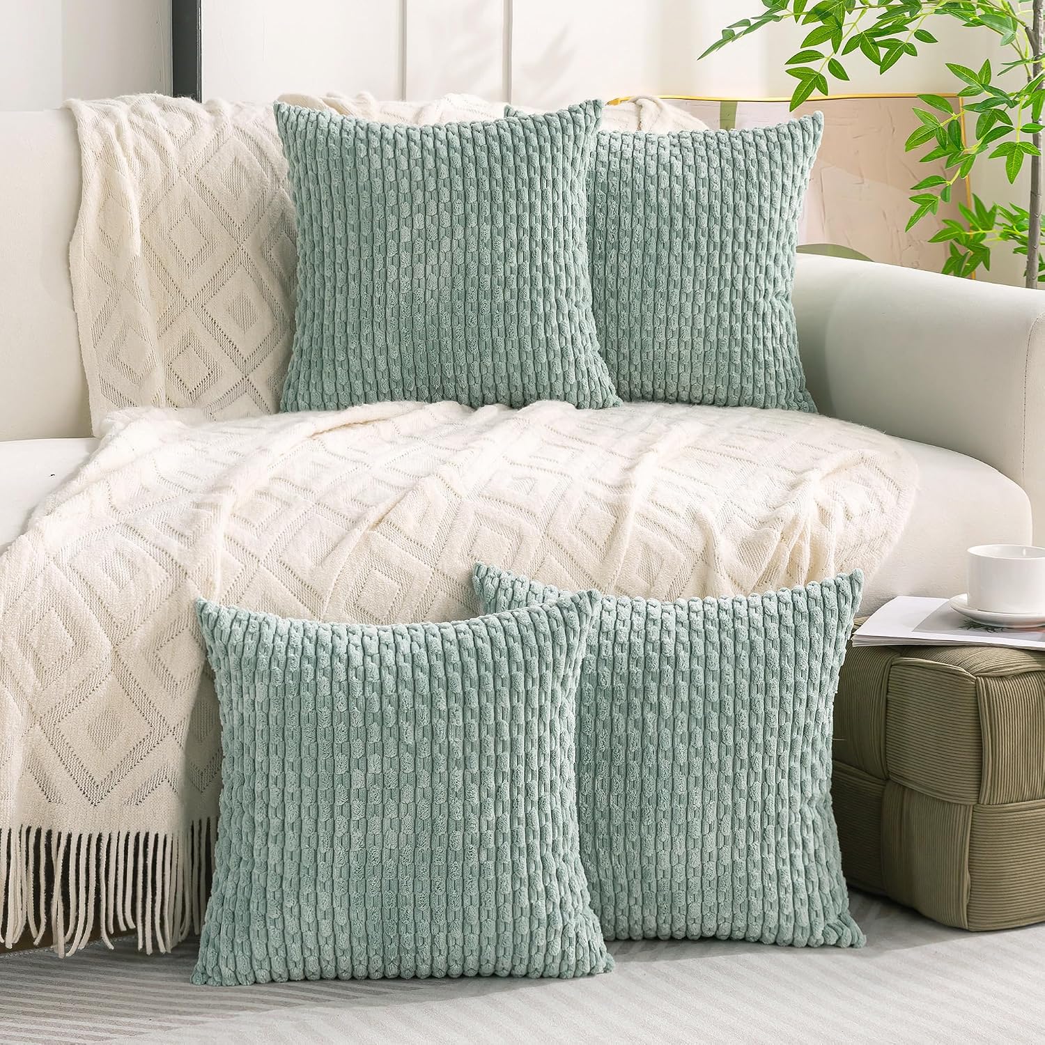Cozoomy Set of 4 Aqua Decorative Throw Pillow Covers 24x24 Inch Corduroy Pillow Covers for Bed Couch Sofa Living Room Soft Square Cushion C…