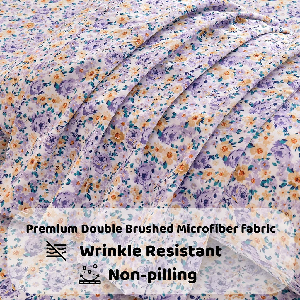 mooreeke Floral King Bed Sheets, Soft Microfiber Vintage Printed Bedding Sheets & Pillowcases, Deep Pocket Non-Slip Fitted King Sheet, Purp…
