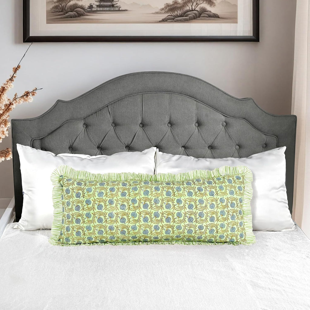 Ridhi Block Print Apple Green Floral 36"x14" Set 1-100% Cotton Ruffle Lumbar Sham Cover Boho Floral Pillowcase, Farmhouse Cottagecore…