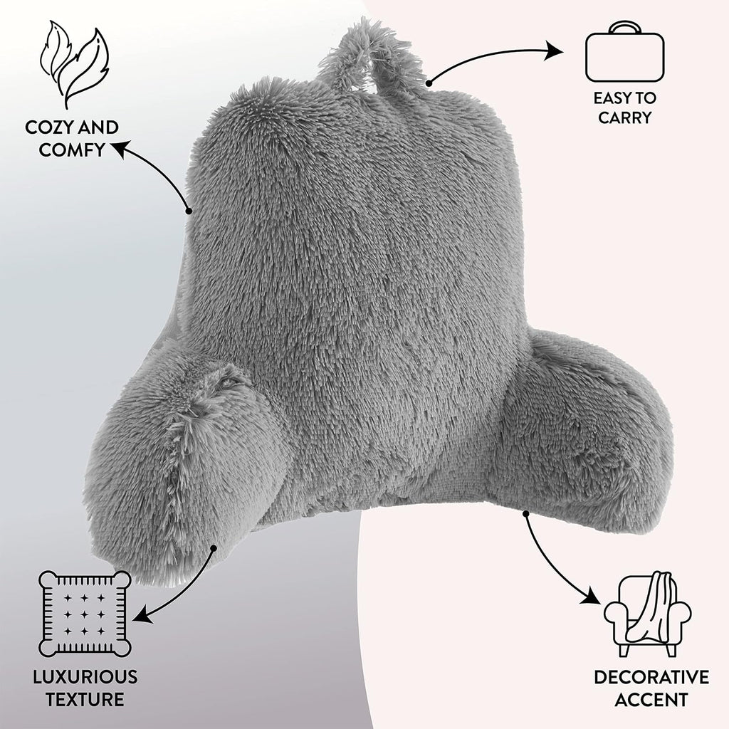 Urban Lifestyle Decorative and Supportive Backrest Reading Bed Pillow, Ultra Soft Long Hair Faux Fur Reverse to Mink Fabric, Grey