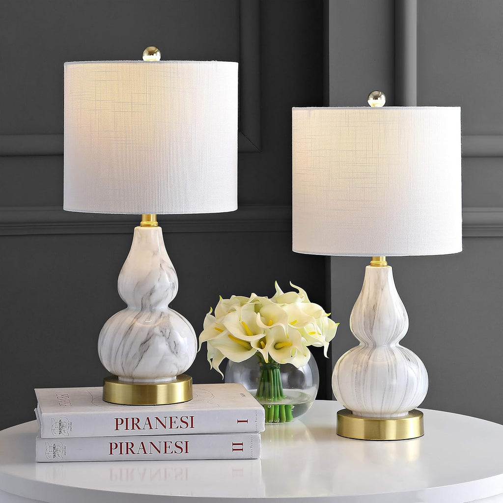 JONATHAN Y 20.5" Black/White Glass Table Lamp, Modern Gourd Bedside Nightstand Lamp for Bedroom, Living Room, White Linen Shade, LED Bulb…
