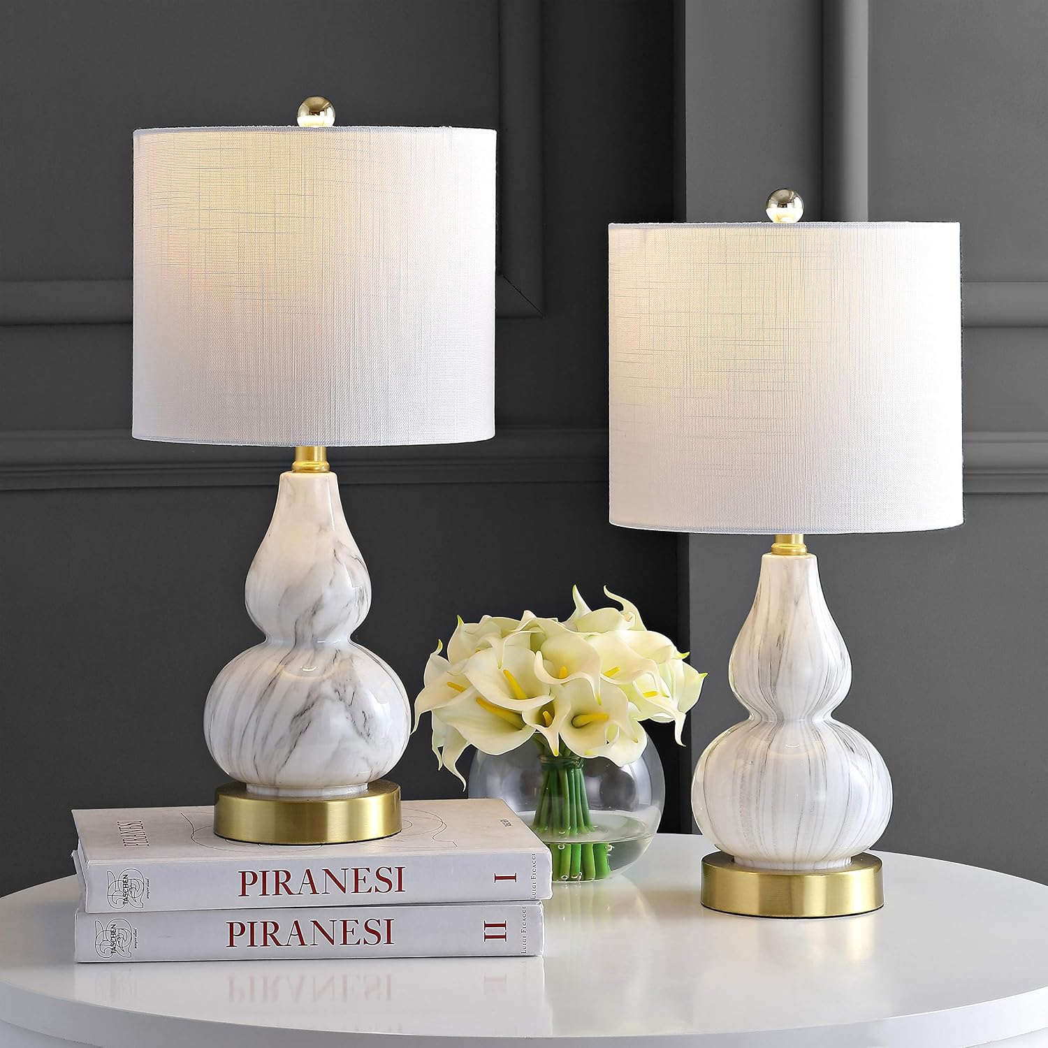JONATHAN Y 20.5" Black/White Glass Table Lamp, Modern Gourd Bedside Nightstand Lamp for Bedroom, Living Room, White Linen Shade, LED Bulb…