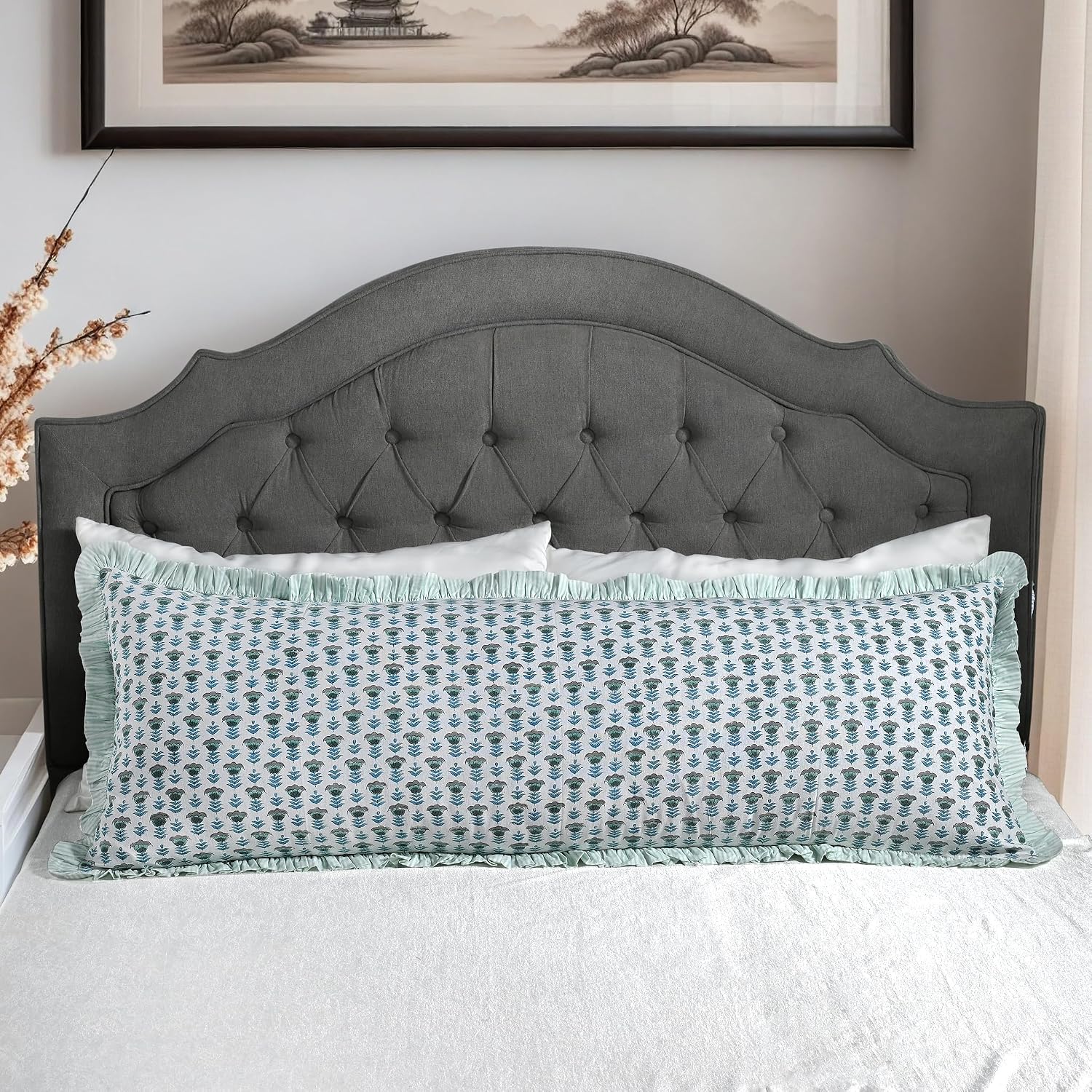 Ridhi Block Print Aquamarine Blue 54"x20" Set 1-100% Cotton Ruffle Lumbar Sham Cover Boho Floral Pillowcase, Farmhouse Cottagecore…