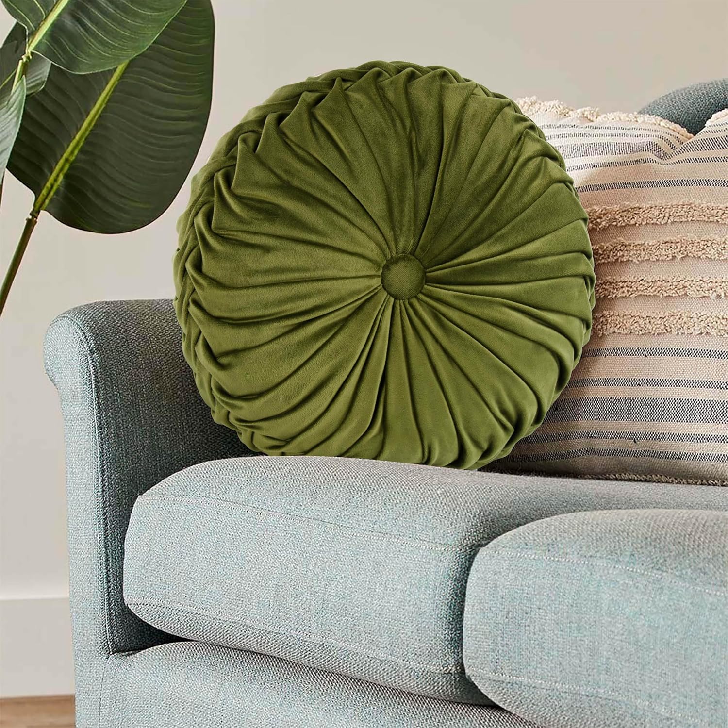 Hig Set of 2 Decorative Round Pleated Throw Pillows, Classy Accent Pumpkin Throw Pillows with Center Button, Vintage Velvet Floor Pillows f…