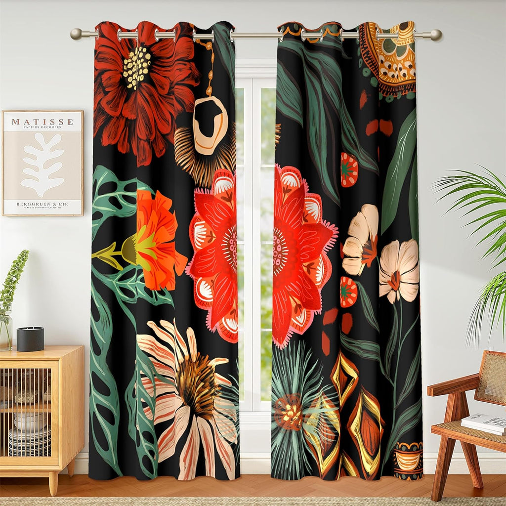 Tyrot Black Boho Floral 100% Blackout Curtains for Living Room 72 inch Long 2 Panels Mid Century Botanical Black Out Curtains for Bedroom…