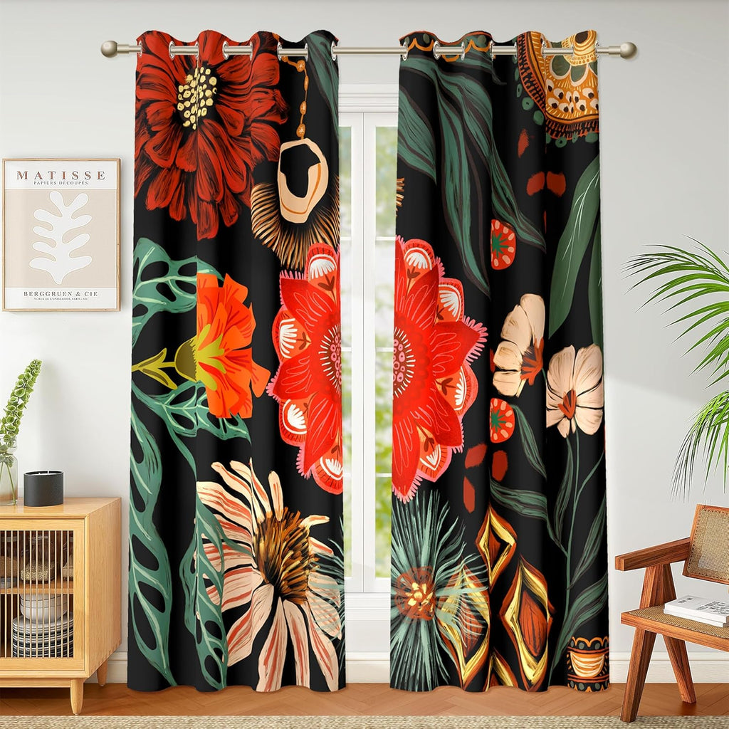 Tyrot Black Boho Floral 100% Blackout Curtains for Living Room 96 inch Long 2 Panels Mid Century Botanical Black Out Curtains for Bedroom…