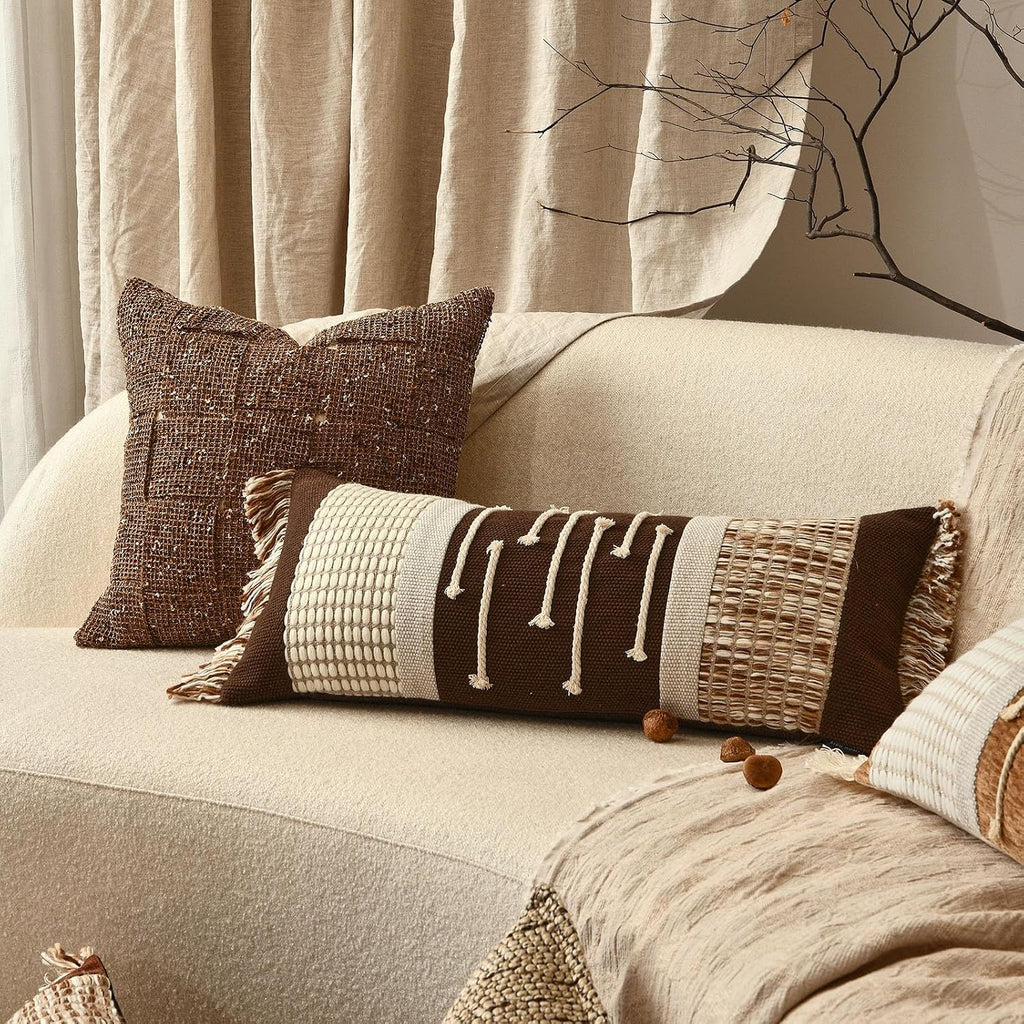 Aibuhome Decorative Lumbar Pillow Cover 12x28, Boho Woven Farmhouse Cotton Linen Cushion Case with Tassels & Hidden Zipper, Lumbar Throw Pi…