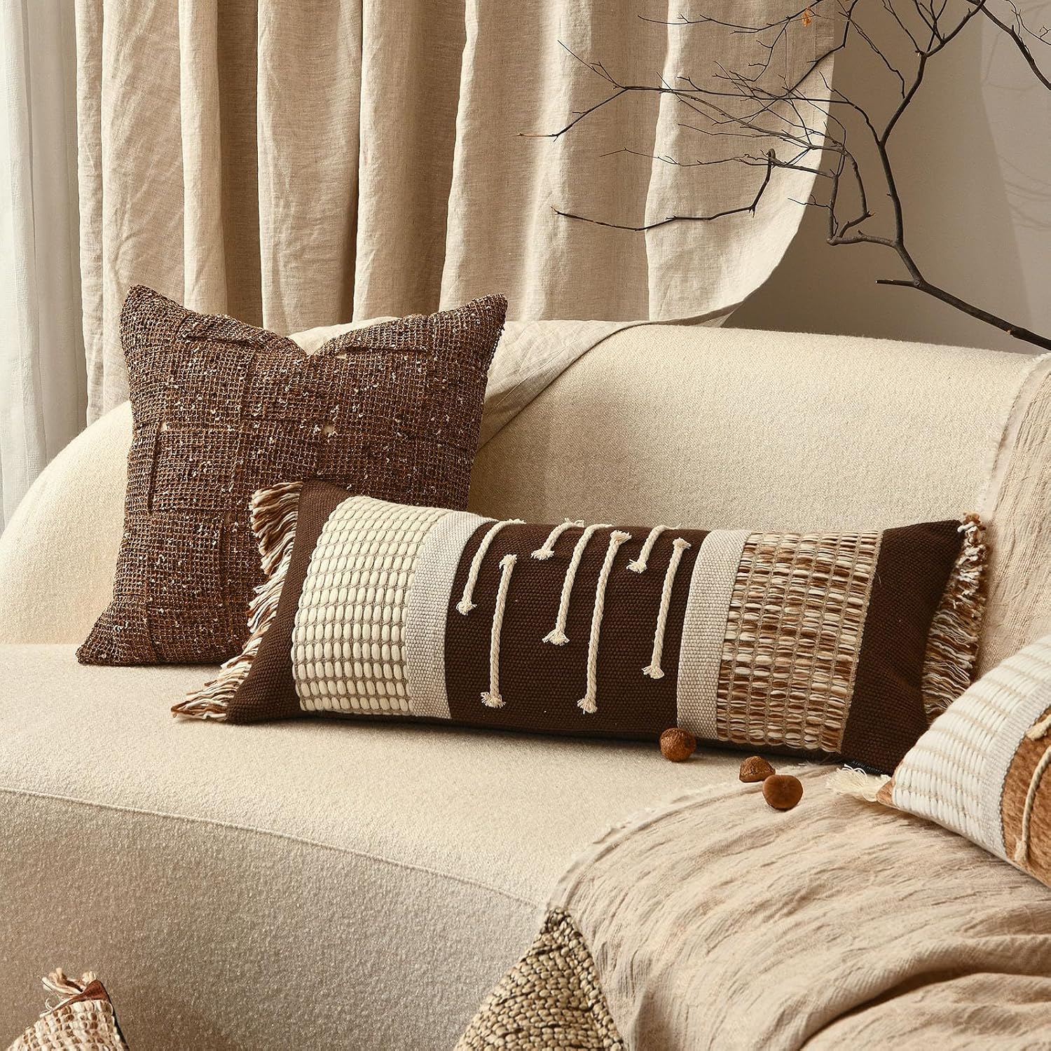 Aibuhome Decorative Lumbar Pillow Cover 12x28, Boho Woven Farmhouse Cotton Linen Cushion Case with Tassels & Hidden Zipper, Lumbar Throw Pi…