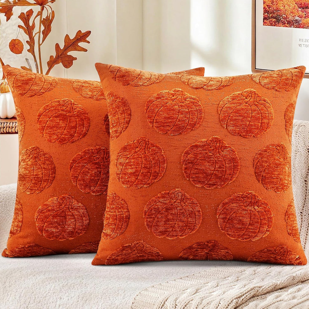 decorUhome Decorative Rust Pumpkin Thanksgiving Throw Pillow Covers 20x20 Set of 2, Soft Chenille Jacquard Farmhouse Textured Pillow…
