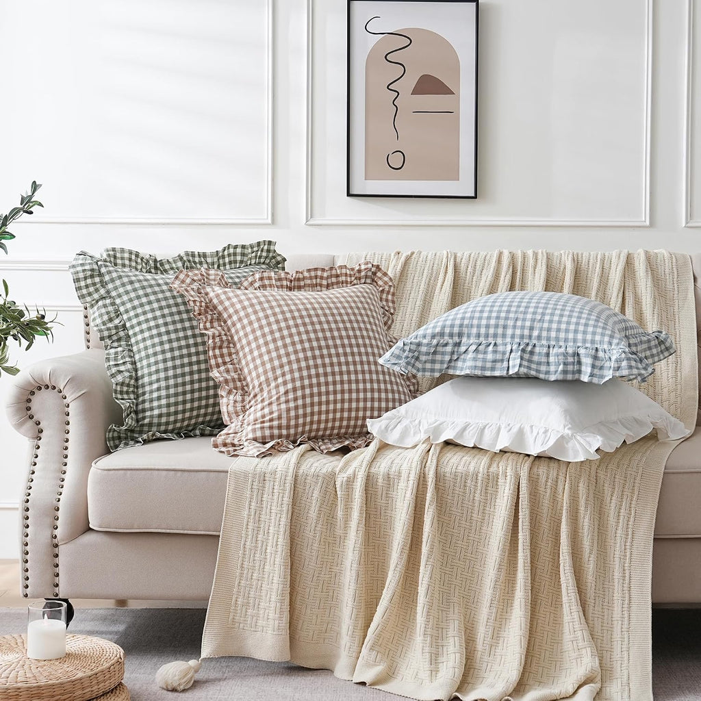 Qilunn 2 Pack Sage Green/White Plaid Ruffle Throw Pillow Covers Farmhouse Checkered Chic Washed Cotton Pillowcases Gingham Pillow Shams for…