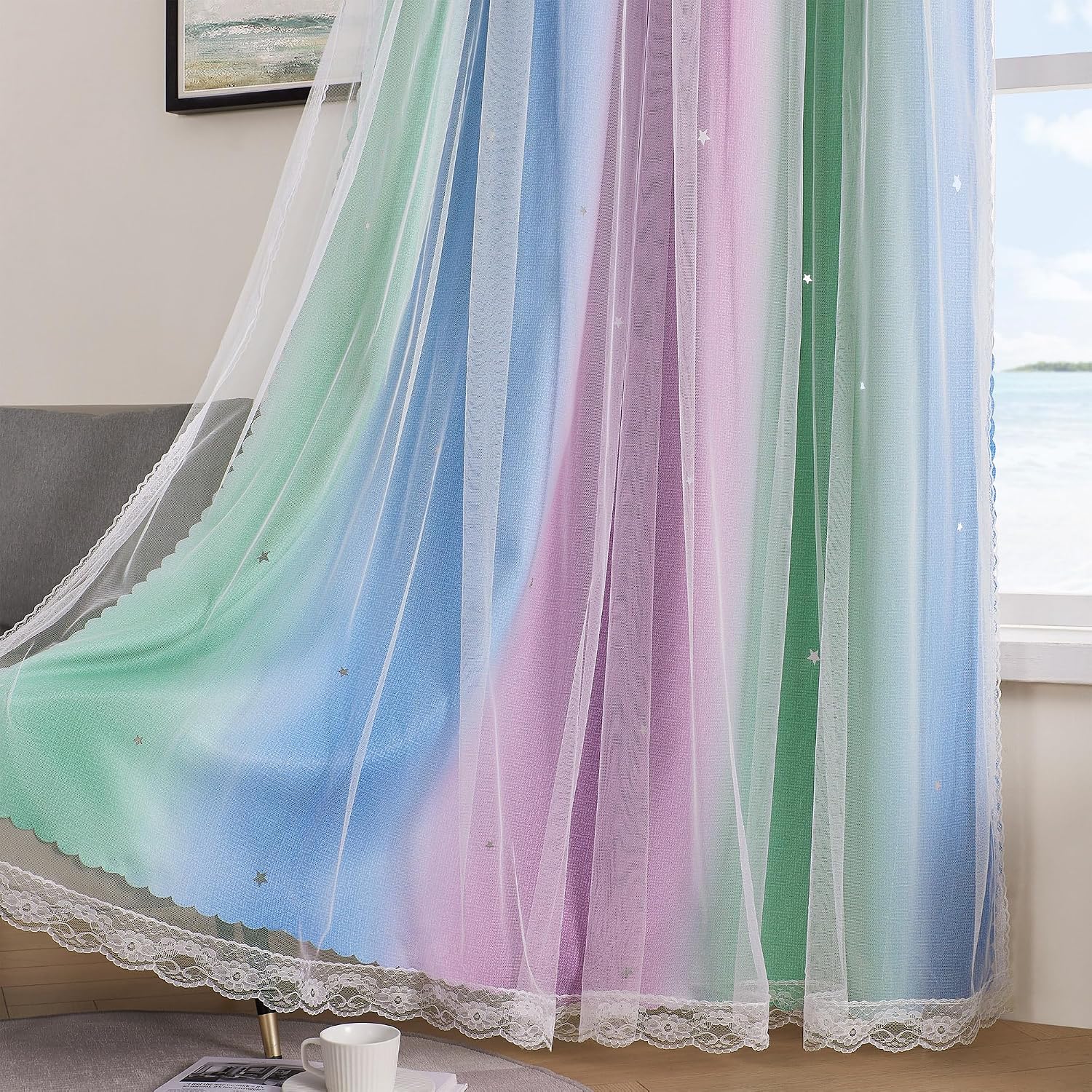Addsomecolortolife XiDi Blue & Rainbow Curtains for Kids & Girl Rooms - Blackout, Purple & Green 34x72 Inch Long 1 Panel with Unicorn Wall…