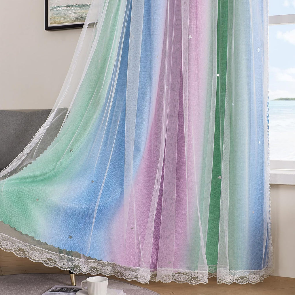 Addsomecolortolife XiDi Blue & Rainbow Curtains for Bedroom & Kids Room - Blackout, Unicorn Wall Decals, 52X84 Inch Long, 1 Panel 1.6 inch…