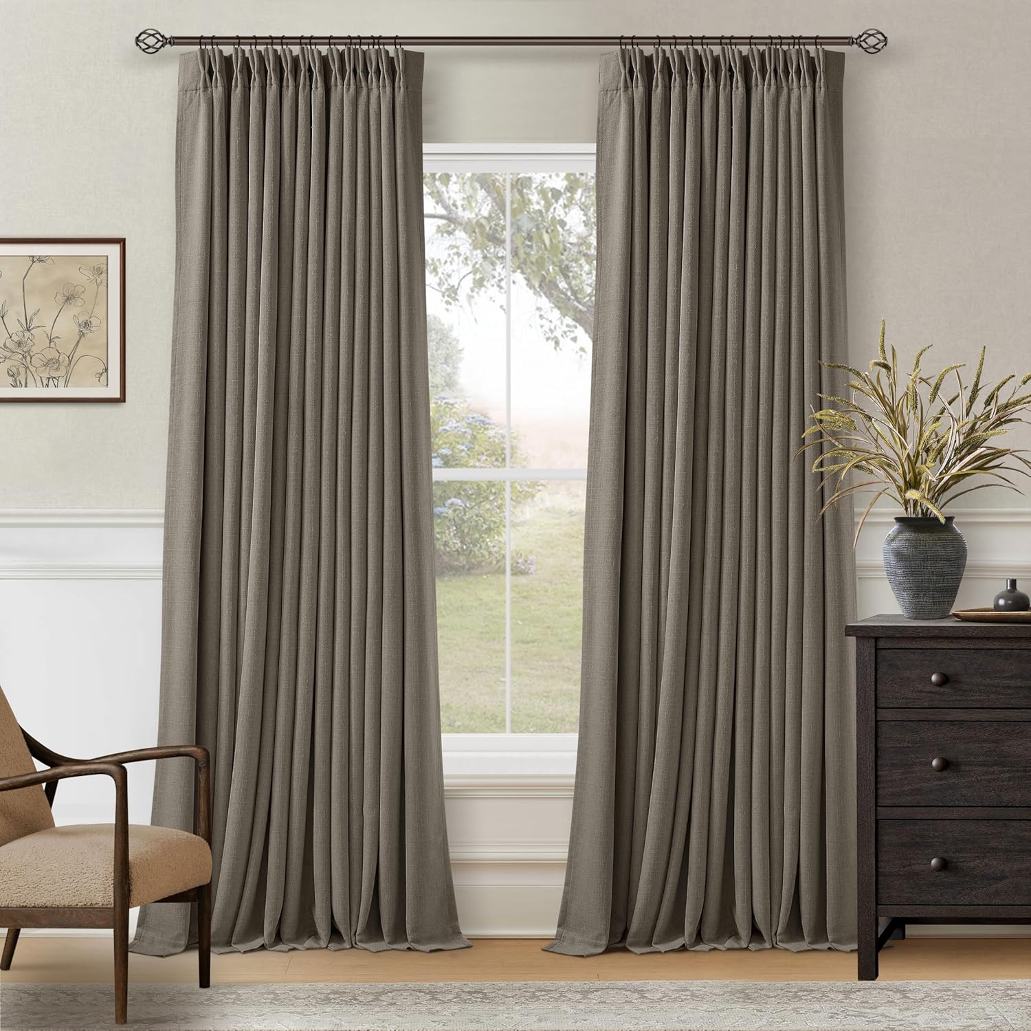 Twodrapes Taupe Gray Linen Blackout Pleated Curtains 90 Inches Long for Living Room Darkening Pinch Pleat 100% Black Out Drapes Thermal Ins…