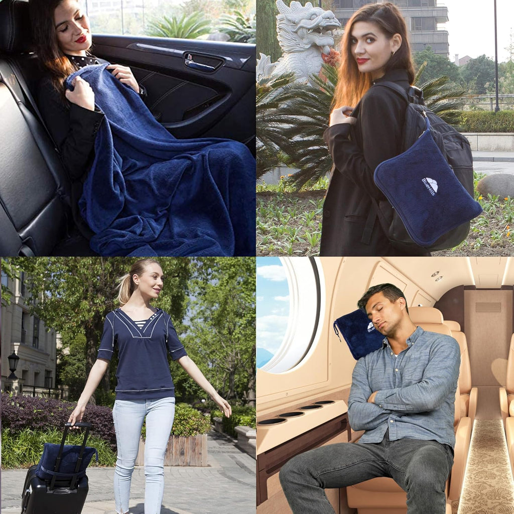 BlueHills Premium Soft Long Travel Blanket Pillow for Tall Airplane Flight Blanket Throw Luggage Belt & Backpack Clip Compact Packable…