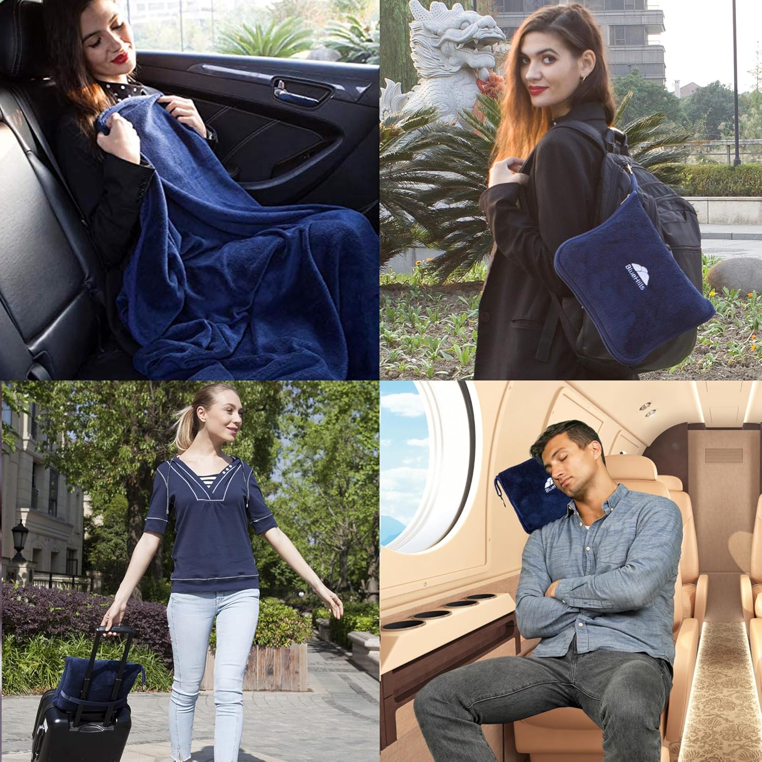 BlueHills Premium Soft Long Travel Blanket Pillow for Tall Airplane Flight Blanket Throw Luggage Belt & Backpack Clip Compact Packable…