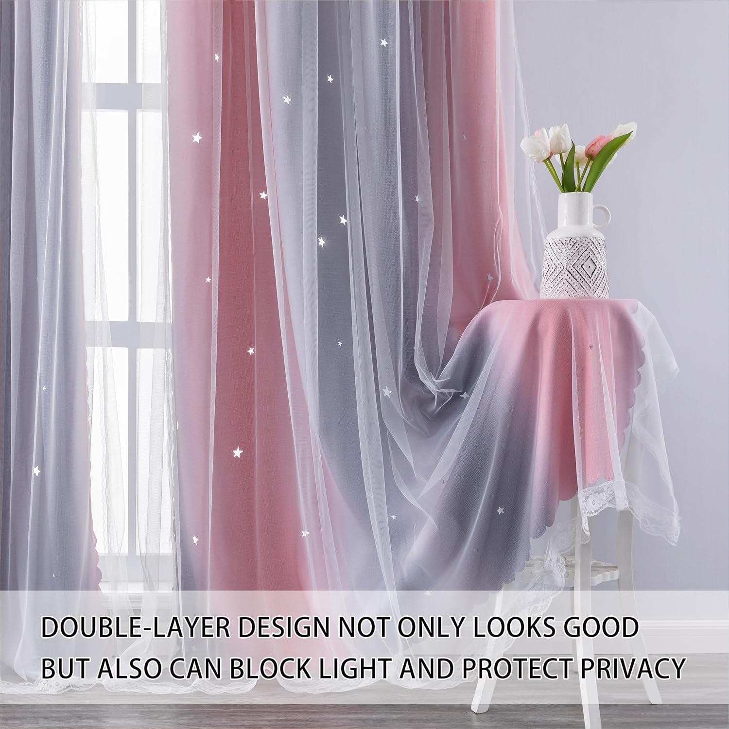 Addsomecolortolife XiDi Dream Star Blackout Curtains for Kids Rooms Girl Princess Curtain for Daughter Bedroom Window (Pink Grey, W34 X L72…