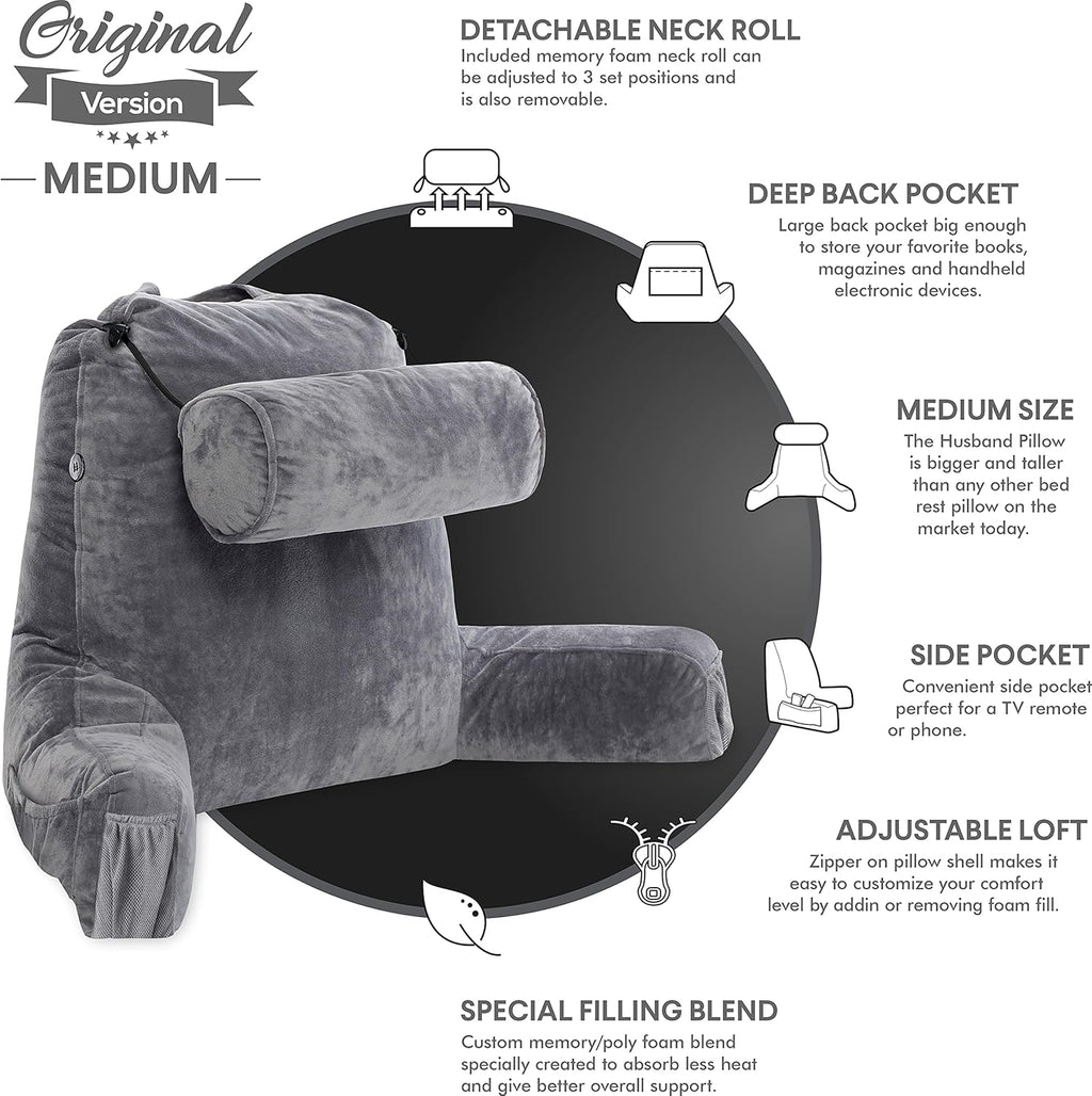 HusbandPillow Husband Pillow Medium Reading Pillow with Arms - 23" Backrest for Sitting Up in Bed - Firm Support Bed Rest Pillow for Adults…