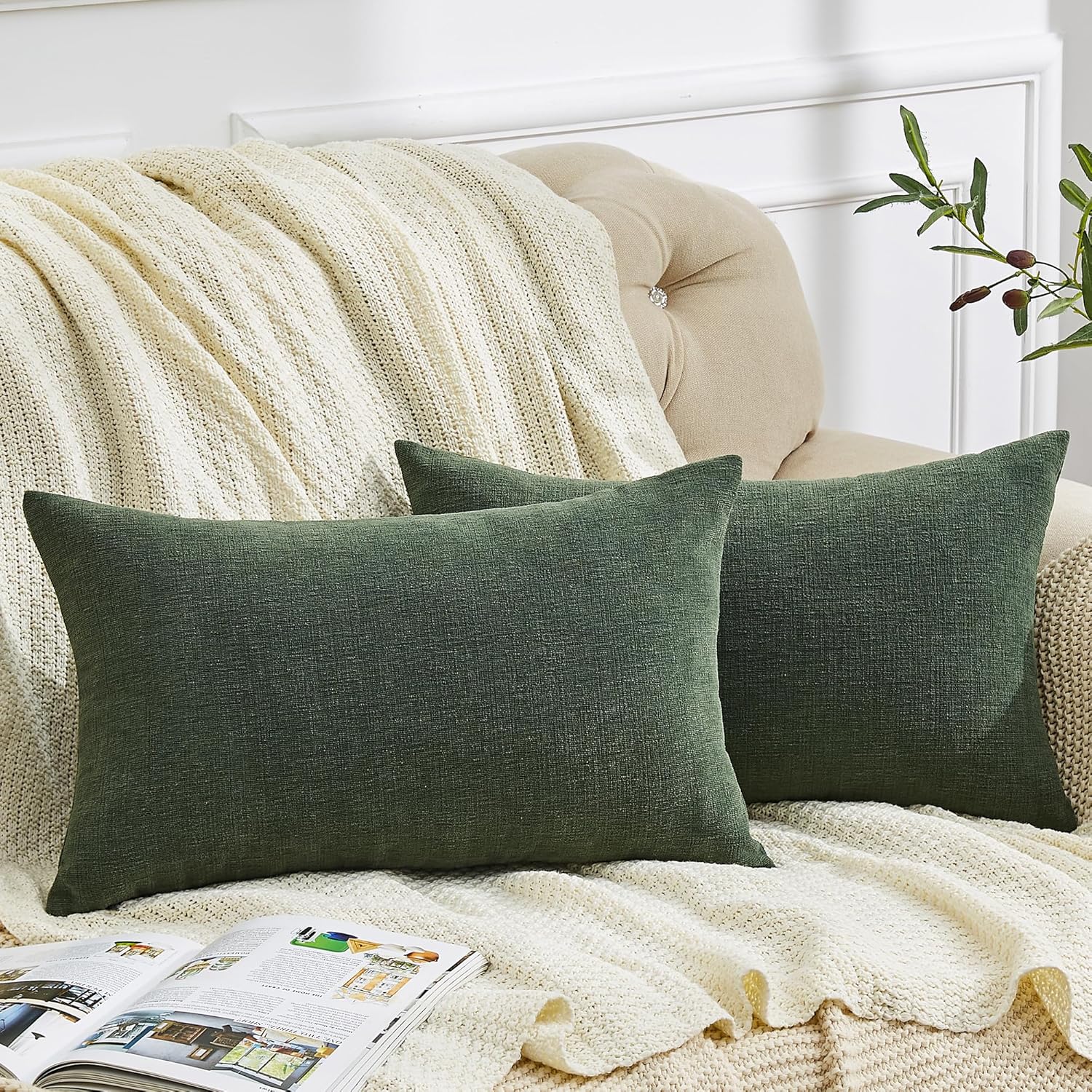 Gawamay Decorative Rectangle Throw Pillow Covers Lumbar Support Pillow 12"x20" Inch Set of 2, Soft Chenille Pillowcase for Living Room Bedr…