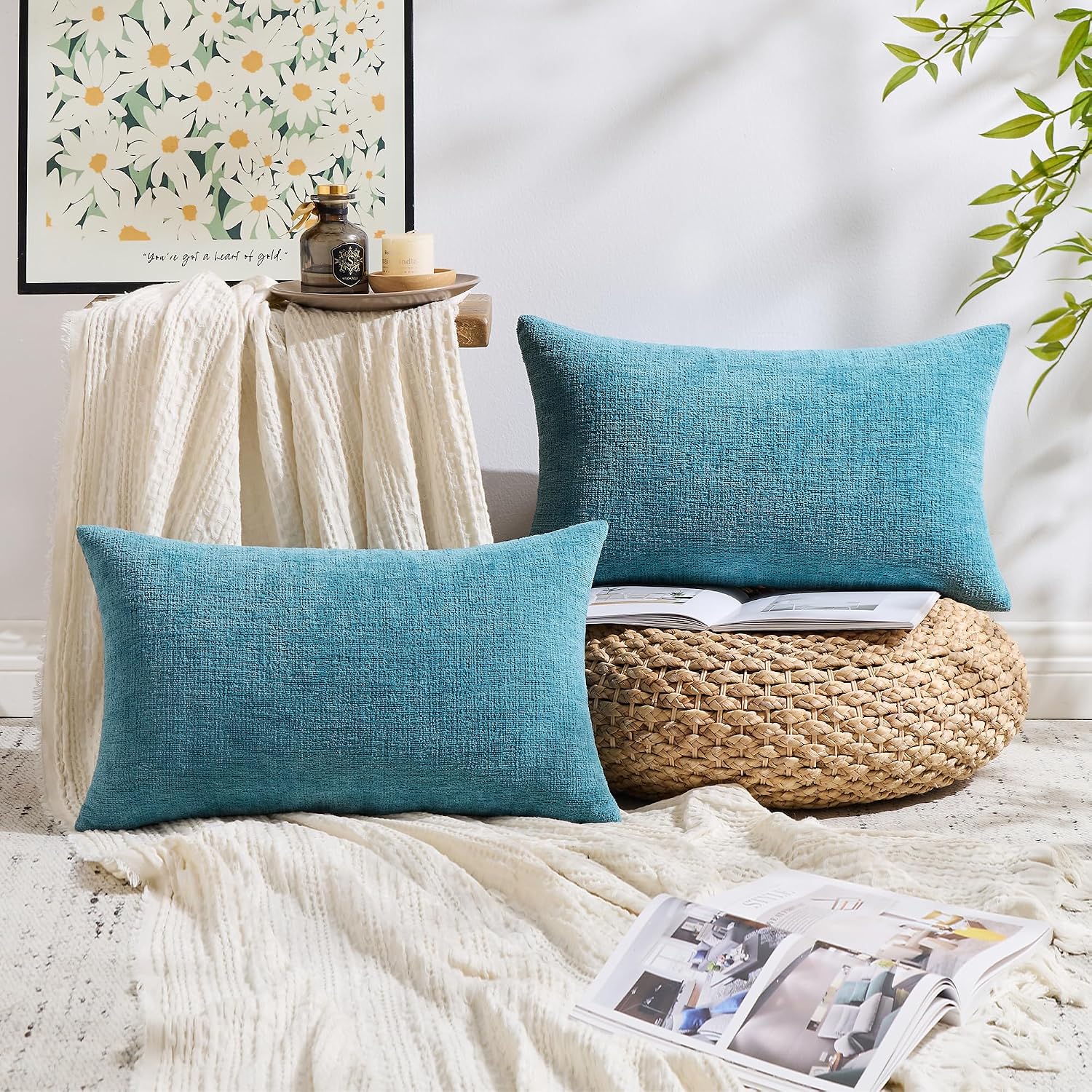 Gawamay Set of 2 Decorative Lumbar Soft Chenille Throw Pillow Covers 12x20 Inch (30x50 CM), Boho Farmhouse Cushion Cases, Couch Pillow Cove…