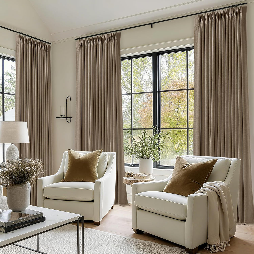 Twodrapes Latte Dual Layer Blackout 102 Inch Length Curtains 2 Panels Pinch Pleated for Sliding Glass Door Luxury Pinch Pleated Flax Linen…