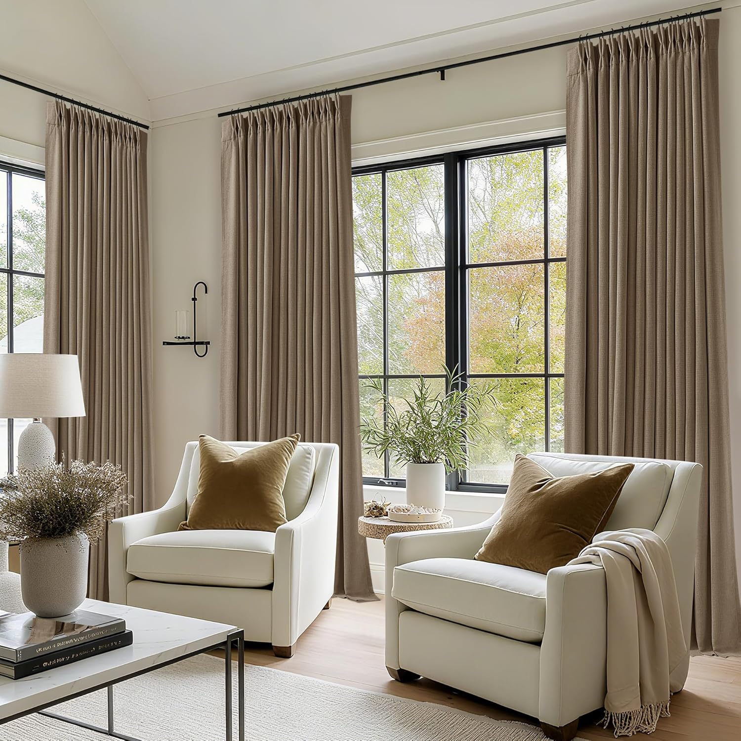 Twodrapes Latte Dual Layer Blackout 102 Inch Length Curtains 2 Panels Pinch Pleated for Sliding Glass Door Luxury Pinch Pleated Flax Linen…