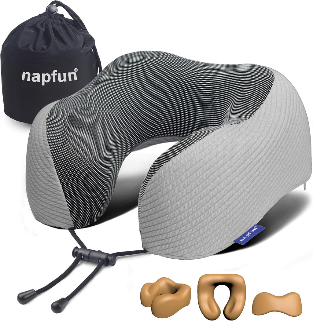 napfun Neck Pillow for Traveling, Upgraded Travel Neck Pillow for Airplane 100% Pure Memory Foam Travel Pillow for Flight Headrest Sleep…