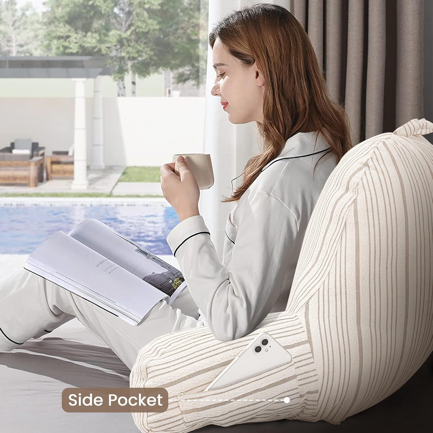 Aels Reading Pillow Replacement Cover (No Insert) with Arms and Pockets, 18" Beige with Light Brown Stripes Textured Backrest Pillow Cover…