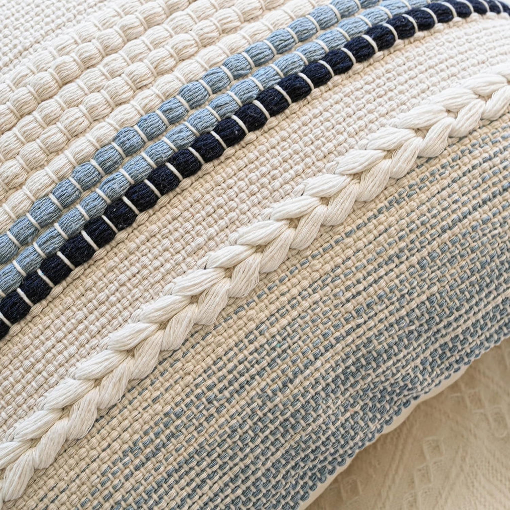 BlissBlush Coastal Blue Boho Decorative Throw Pillow Cover 22x22 Modern Bohemian Accent Pillow Case Square Woven Textured Farmhouse…
