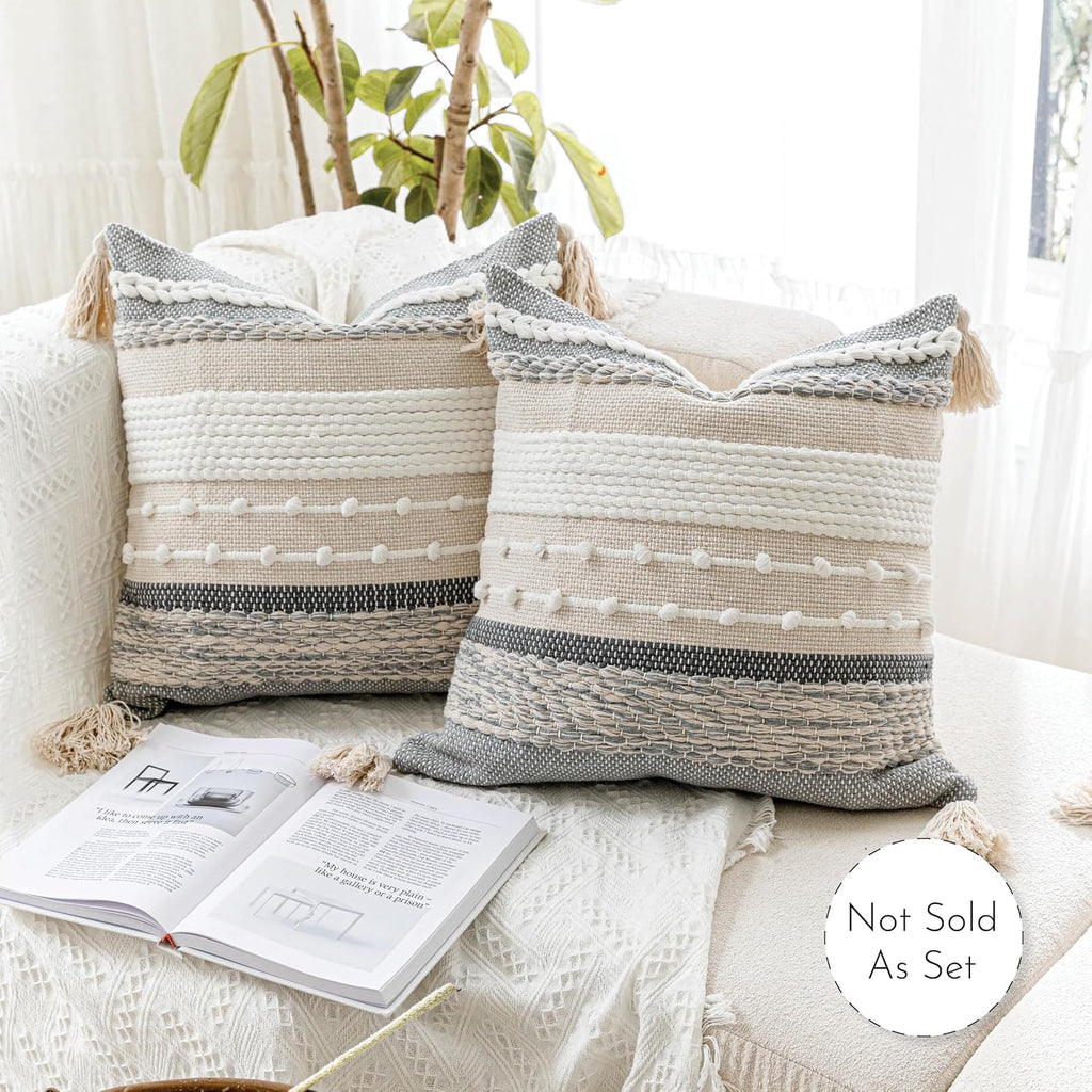BlissBlush Gray Boho Throw Pillow Cover 22x22, Grey Decorative Accent Pillow for Couch, Square Woven Textured Pillowcase, Modern…
