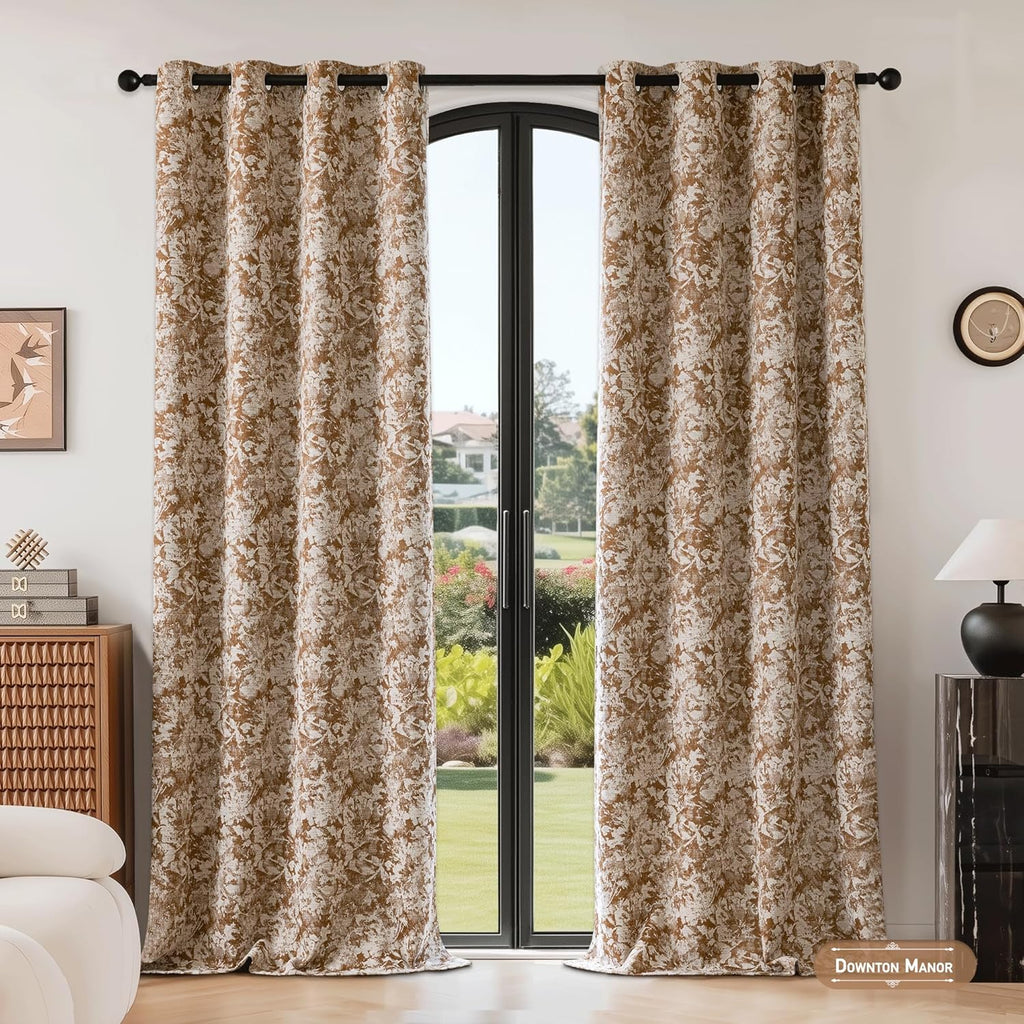 Beauoop Brown Floral Jacquard Blackout Curtains 96 Inches Long 2 Panels for Bedroom Living Room Chenille Flower Room Darkening Thermal…
