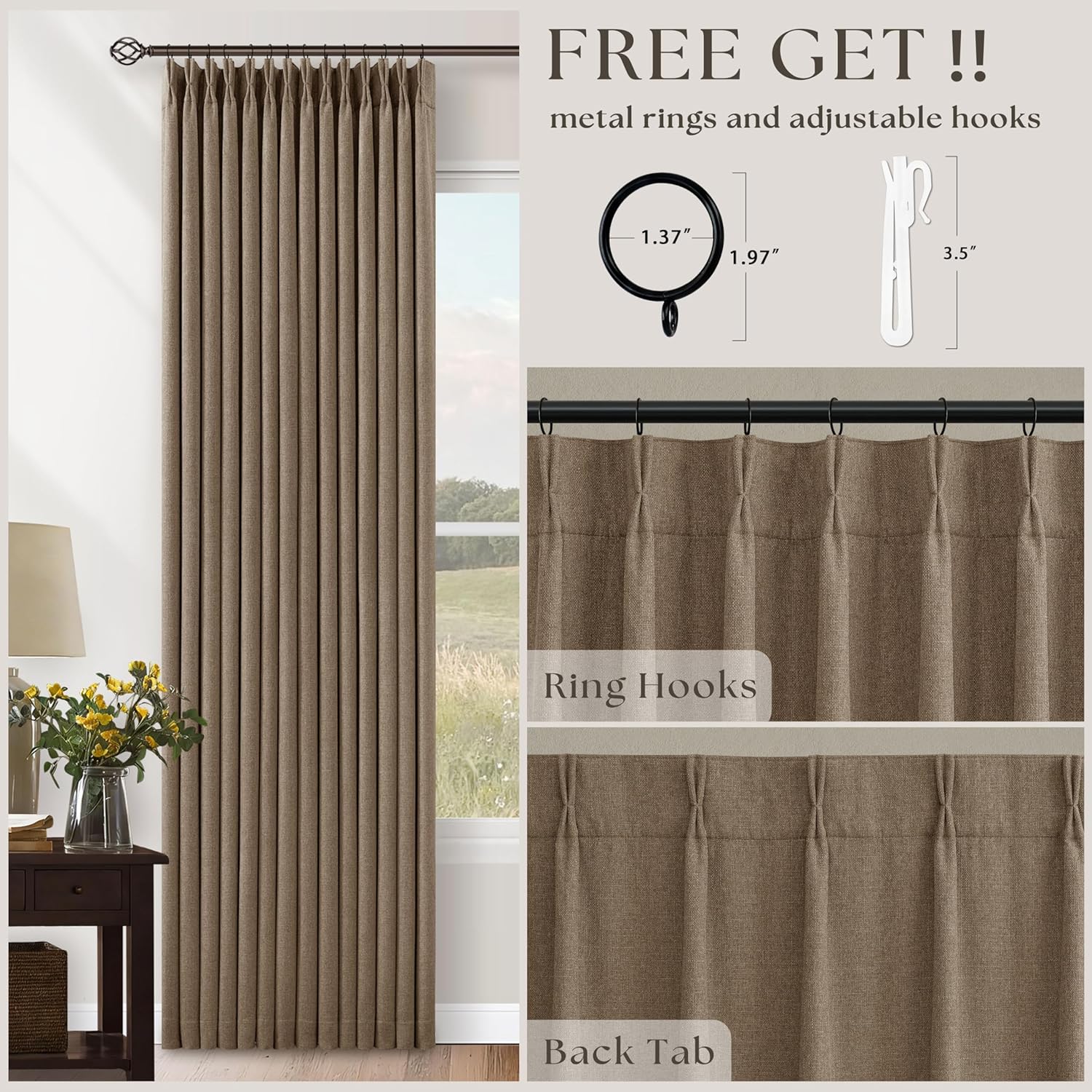 Twodrapes Latte Pinch Pleated 100% Blackout Linen Bedroom Curtains 86 Inch Length Double Layer Pleat Curtains Ring Hooks Back Tab Black Out…