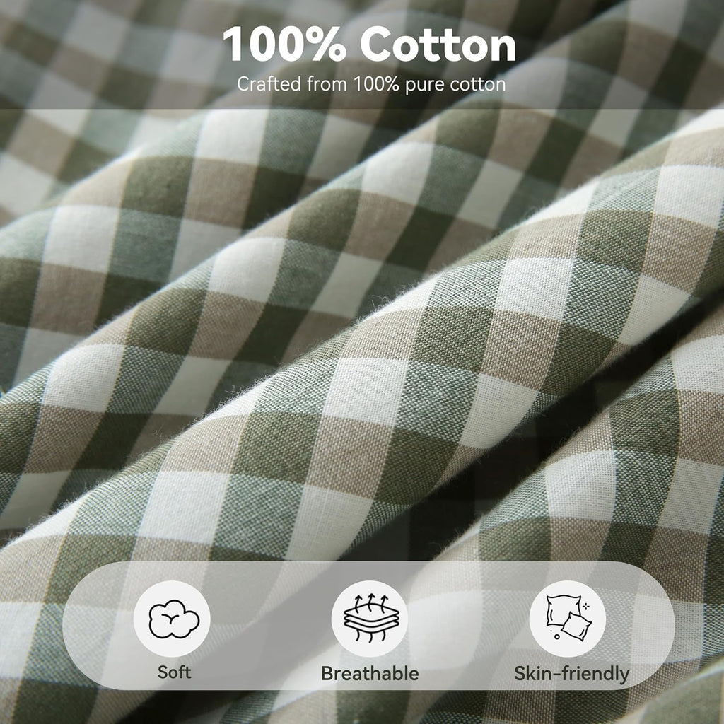 Jilboo 2 Pack 20x20 Inches Sage Green/White Checkered Throw Pillow Covers 100% Washed Cotton Vintage Ruffle Trim Decorative Gingham Pillowc…