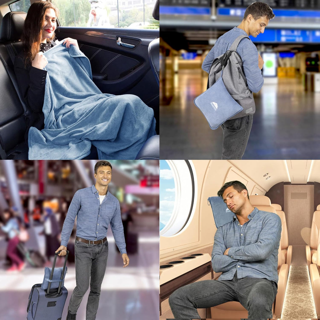 BlueHills Premium Soft Plush Travel Blanket Pillow for Airplane Traveling Essentials in a Bag Flight Throw with Hand Luggage Belt…
