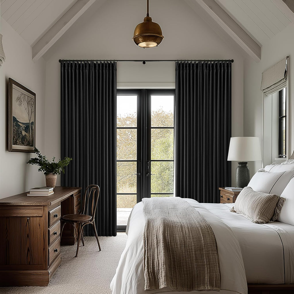 Twodrapes Black Blackout Pinch Pleated Linen Curtains 105 Inches Long for Living Room 2 Panels Thermal Insulted Dual Layer Drapes Ceiling F…