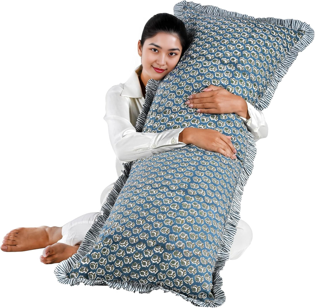 Ridhi Block Print Peacock Blue 54"x20" Set 1-100% Cotton Ruffle Lumbar Sham Cover Boho Floral Pillowcase, Farmhouse Cottagecore Bedding…