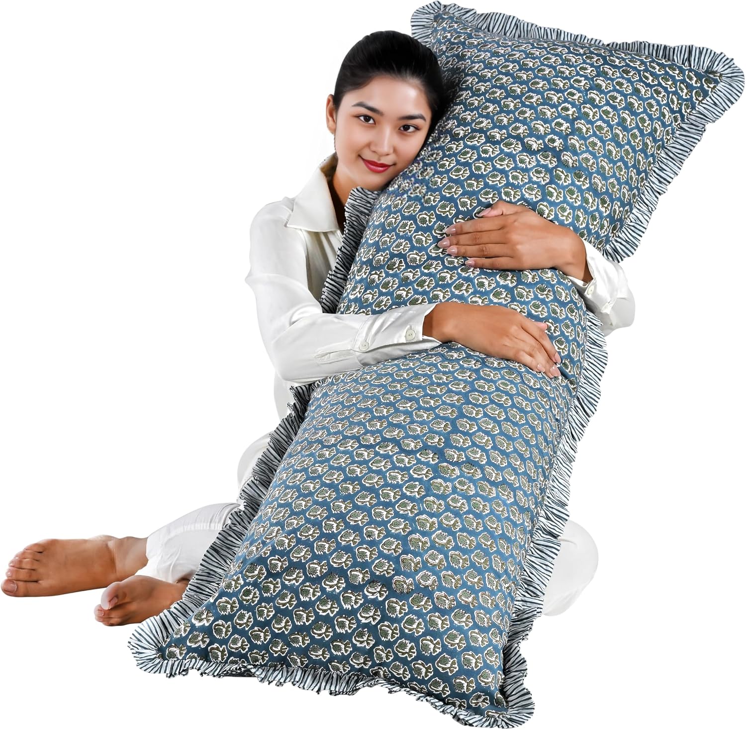 Ridhi Block Print Peacock Blue 54"x20" Set 1-100% Cotton Ruffle Lumbar Sham Cover Boho Floral Pillowcase, Farmhouse Cottagecore Bedding…