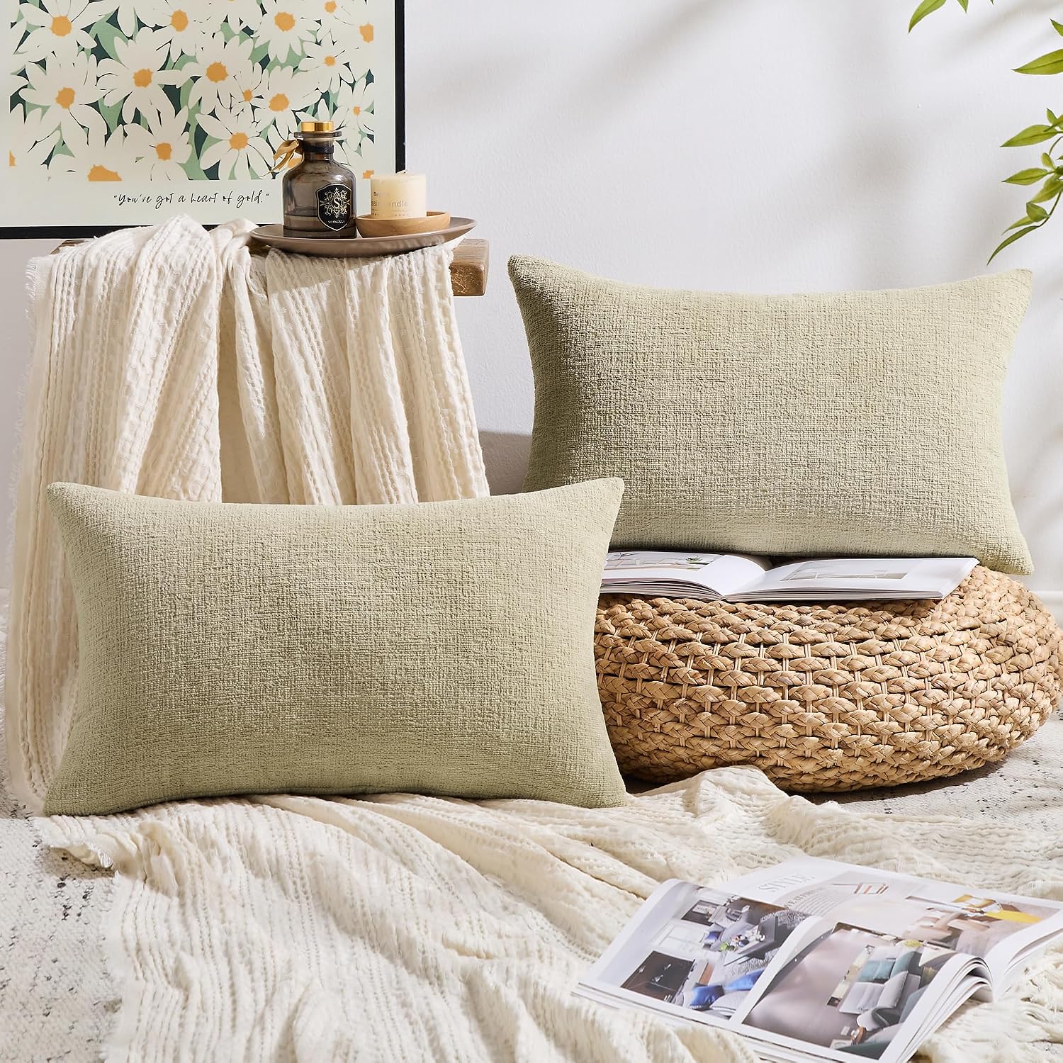 Gawamay Pack of 2 Decorative Lumbar Throw Pillow Covers 20x12 Inch, Soft Chenille Boho Farmhouse Cushion Cases, Couch Pillow Covers for Liv…