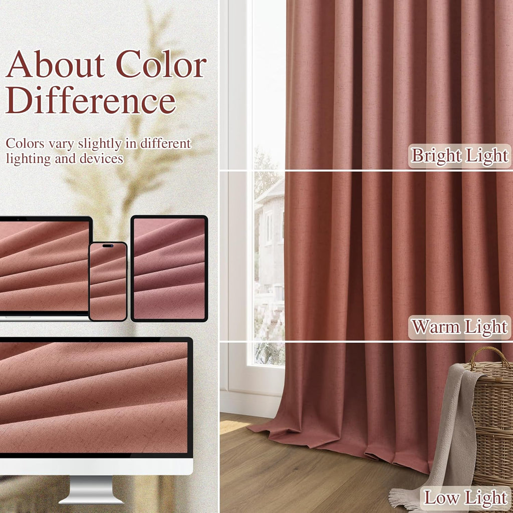 Guken Dusty Rose 100% Blackout Linen Curtains 108 Inch Length 2 Panels Set for Girls Bedroom Back Tab Thermal Insulated Black Out Drapes Ro…