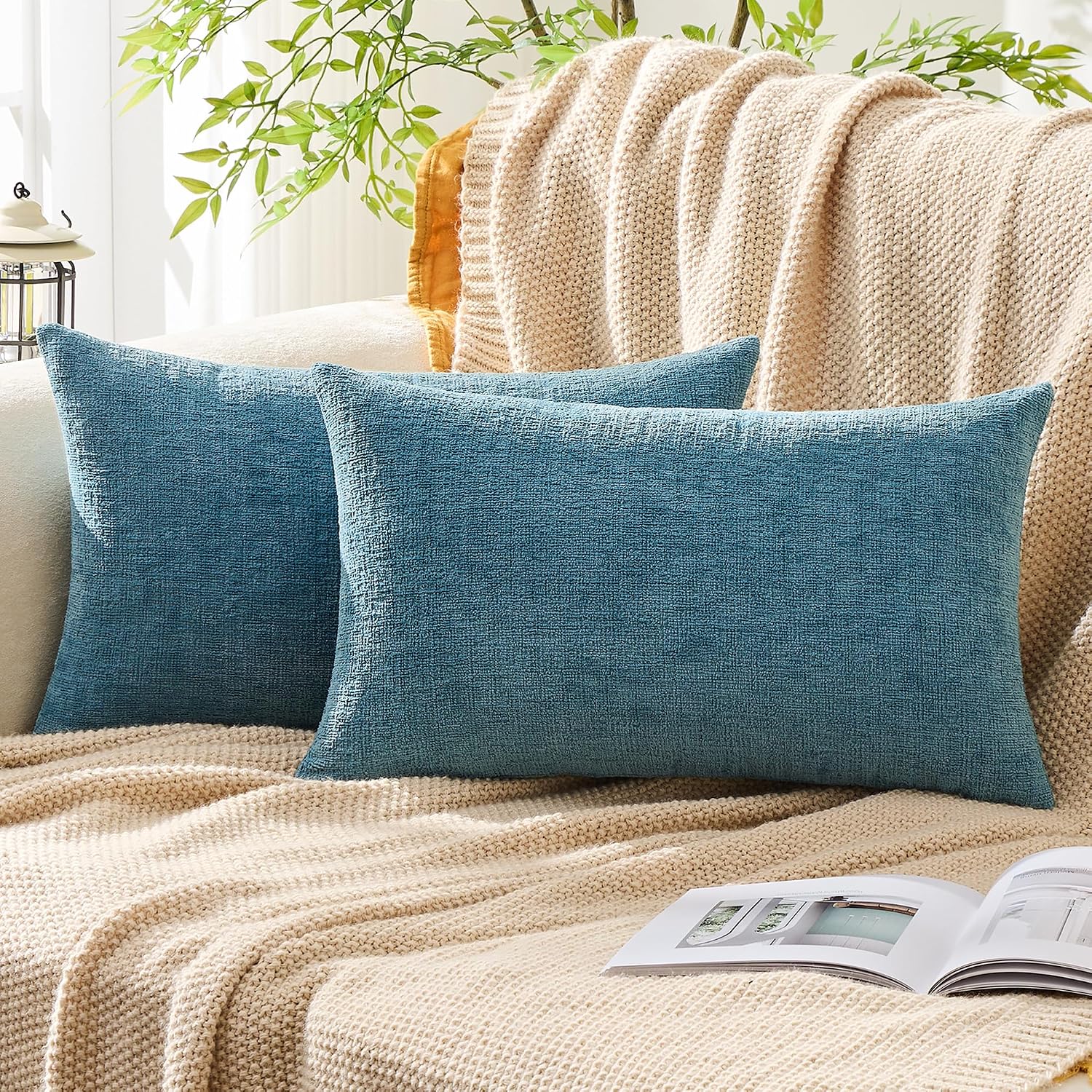 Gawamay Set of 2 Decorative Lumbar Soft Chenille Throw Pillow Covers 12x20 Inch (30x50 CM), Boho Farmhouse Cushion Cases, Couch Pillow Cove…