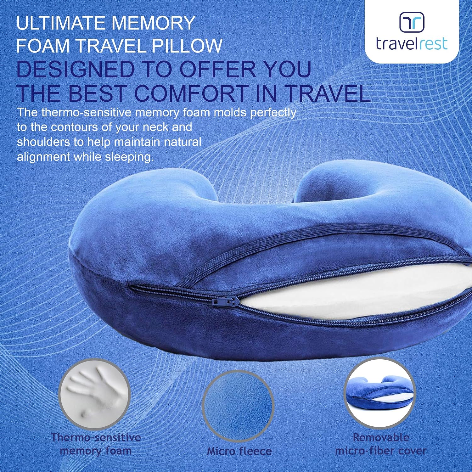 travelrest Neck Pillow Travel Essential - Memory Foam, Washable Micro-Fiber Cover Pillow, Soft and Comfortable Head Support for Long Flight…