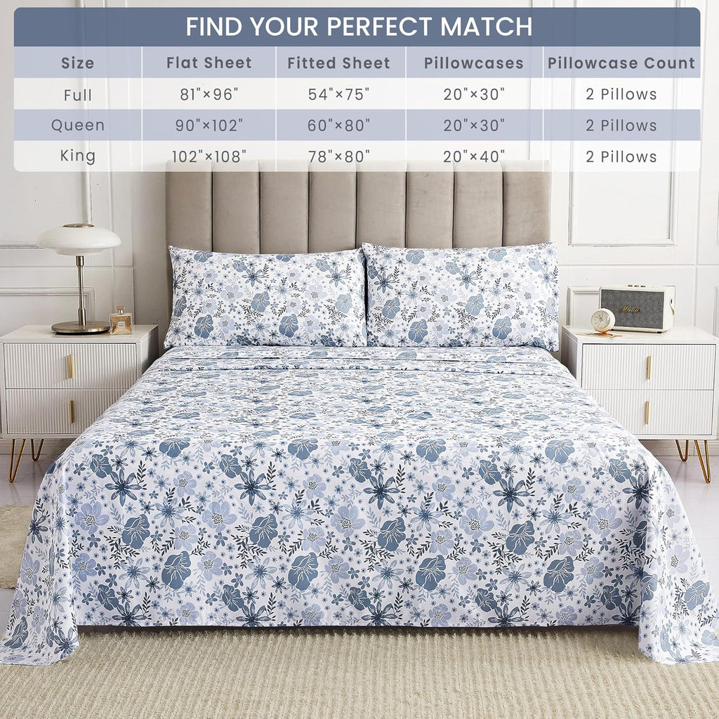 mooreeke Full Size Sheets Set - 4 Piece Soft Breathable Microfiber Bed Sheet Set - Blue & White Flower Pattern Sheet Set Full - Deep Pocket…