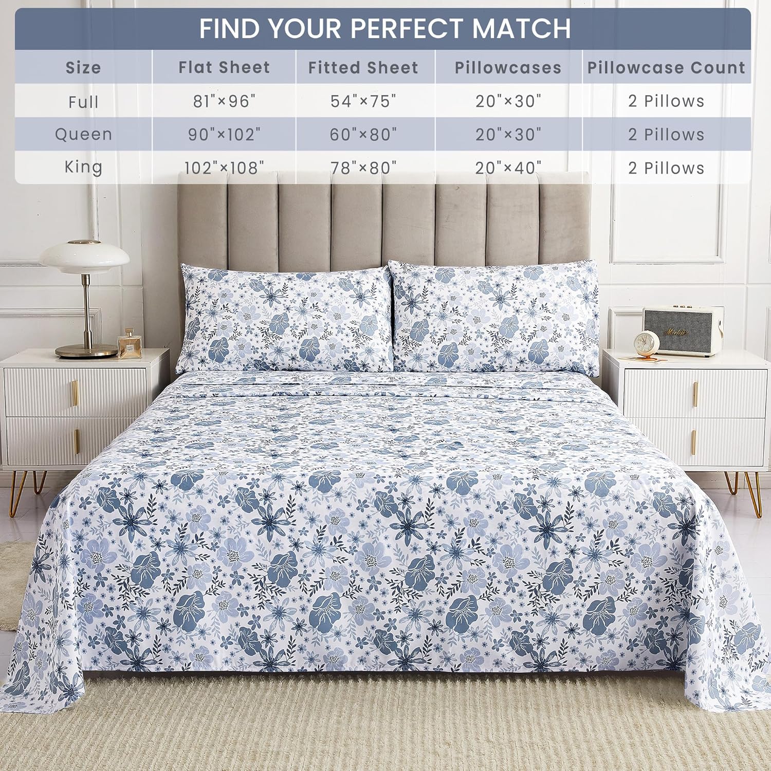 mooreeke Full Size Sheets Set - 4 Piece Soft Breathable Microfiber Bed Sheet Set - Blue & White Flower Pattern Sheet Set Full - Deep Pocket…