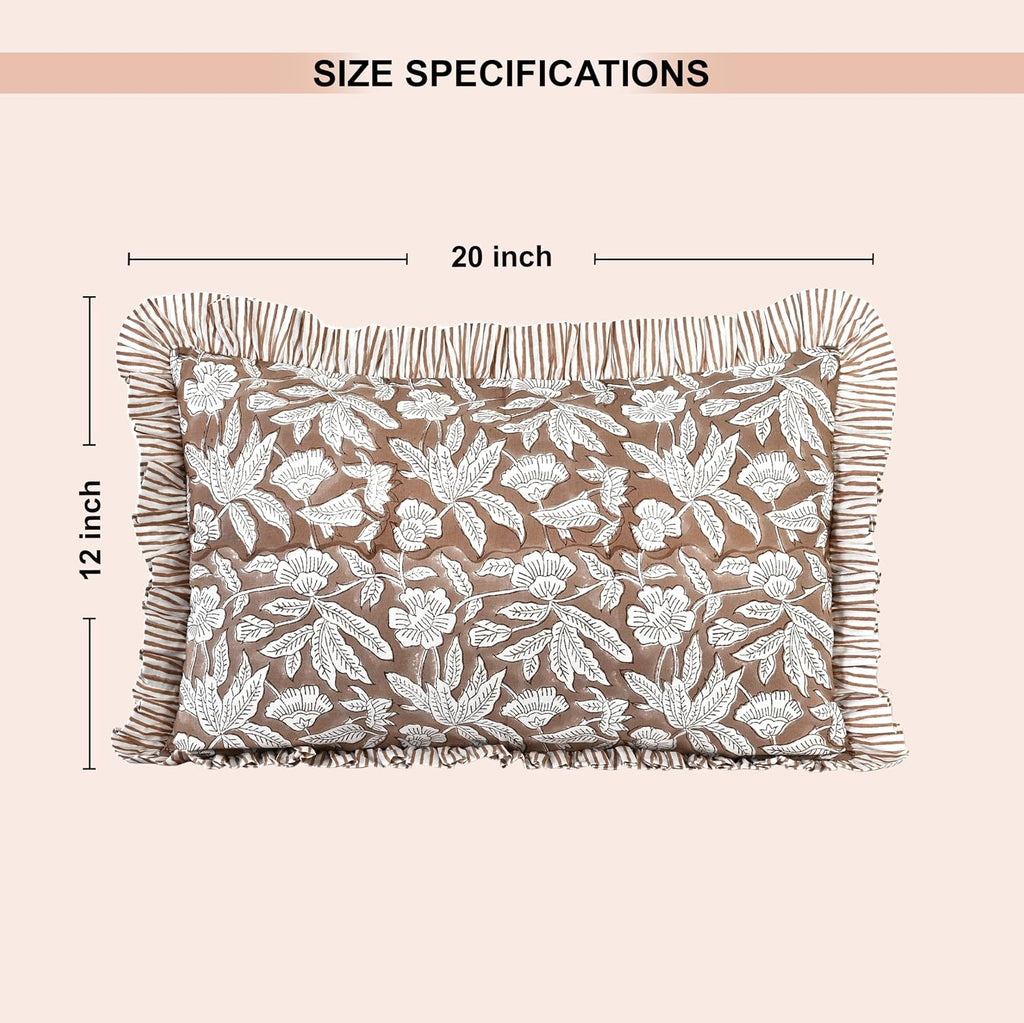 Ridhi Block Print Oak Brown 20"x12" Set 1-100% Cotton Ruffle Lumbar Sham Cover Boho Floral Pillowcase, Farmhouse Cottagecore Bedding…